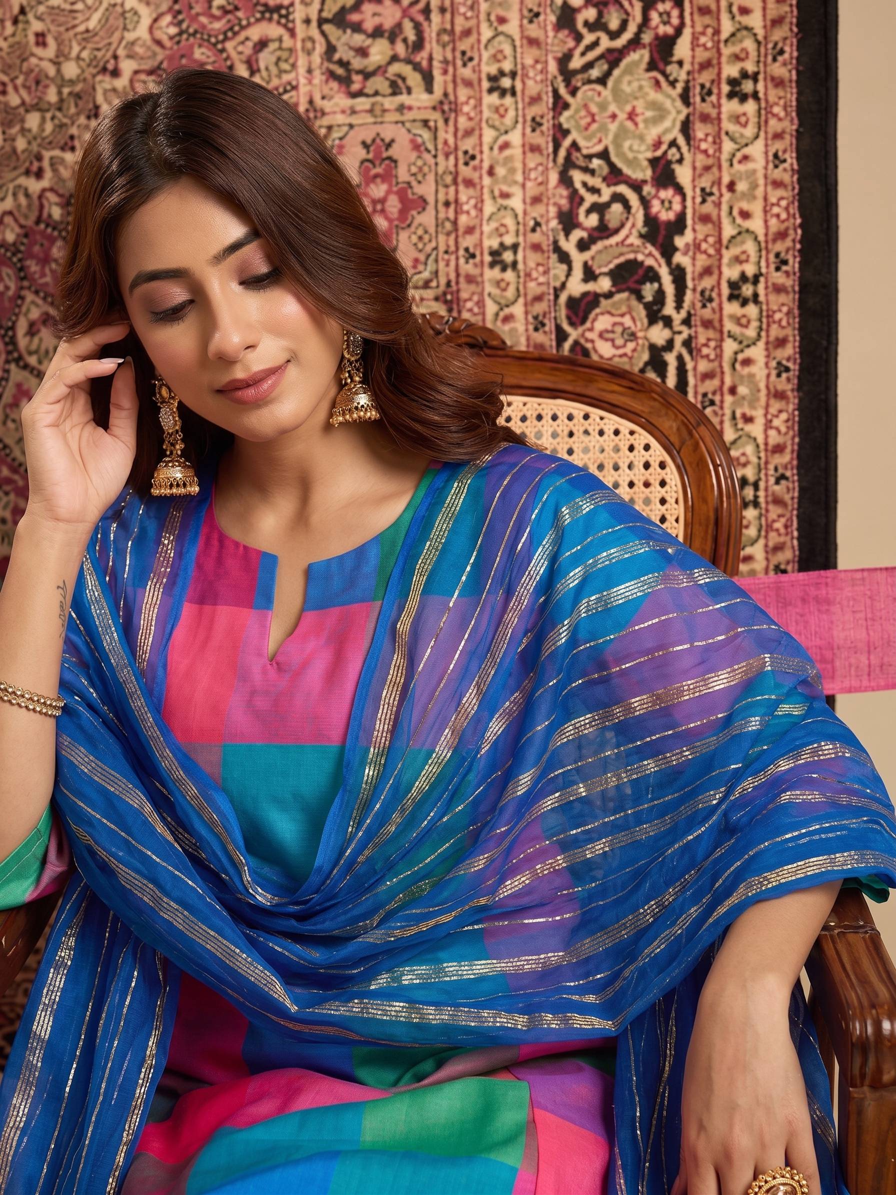 Multi Block Kurta Blue Salwar Dupatta Set