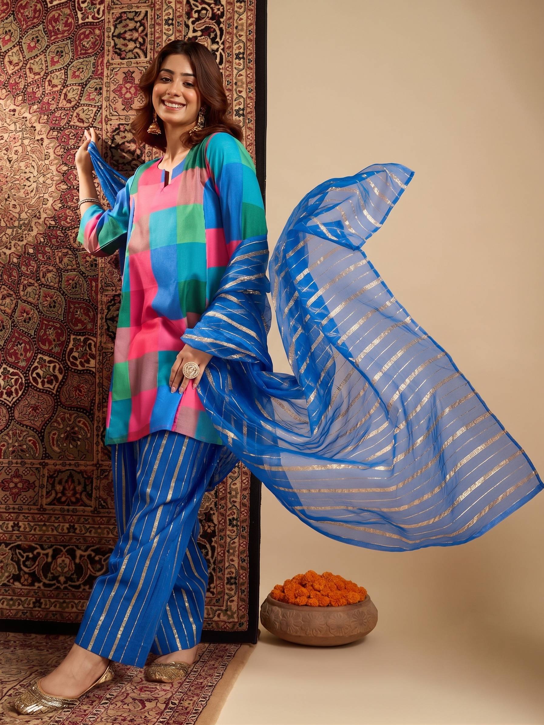 Multi Block Kurta Blue Salwar Dupatta Set