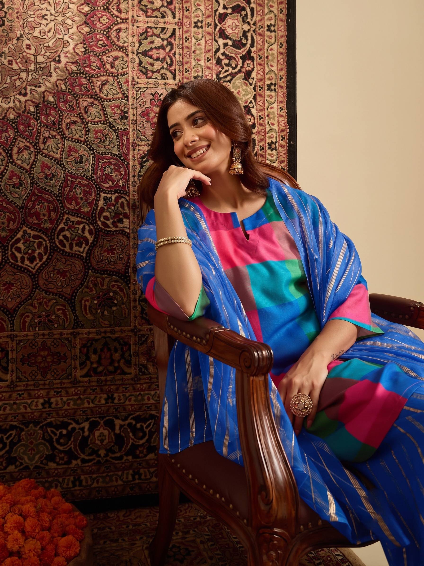 Multi Block Kurta Blue Salwar Dupatta Set