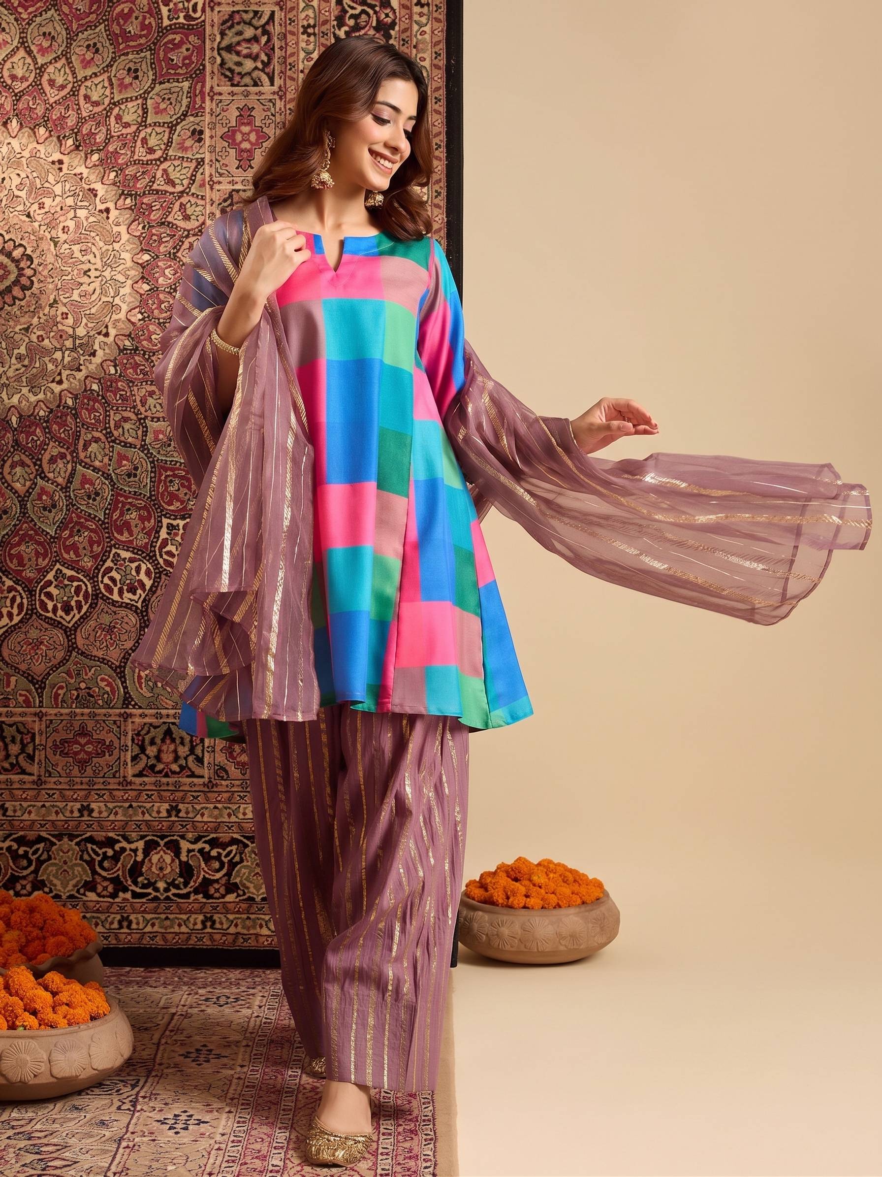 Multi Block Kurta Dull Pink Salwar Dupatta Set