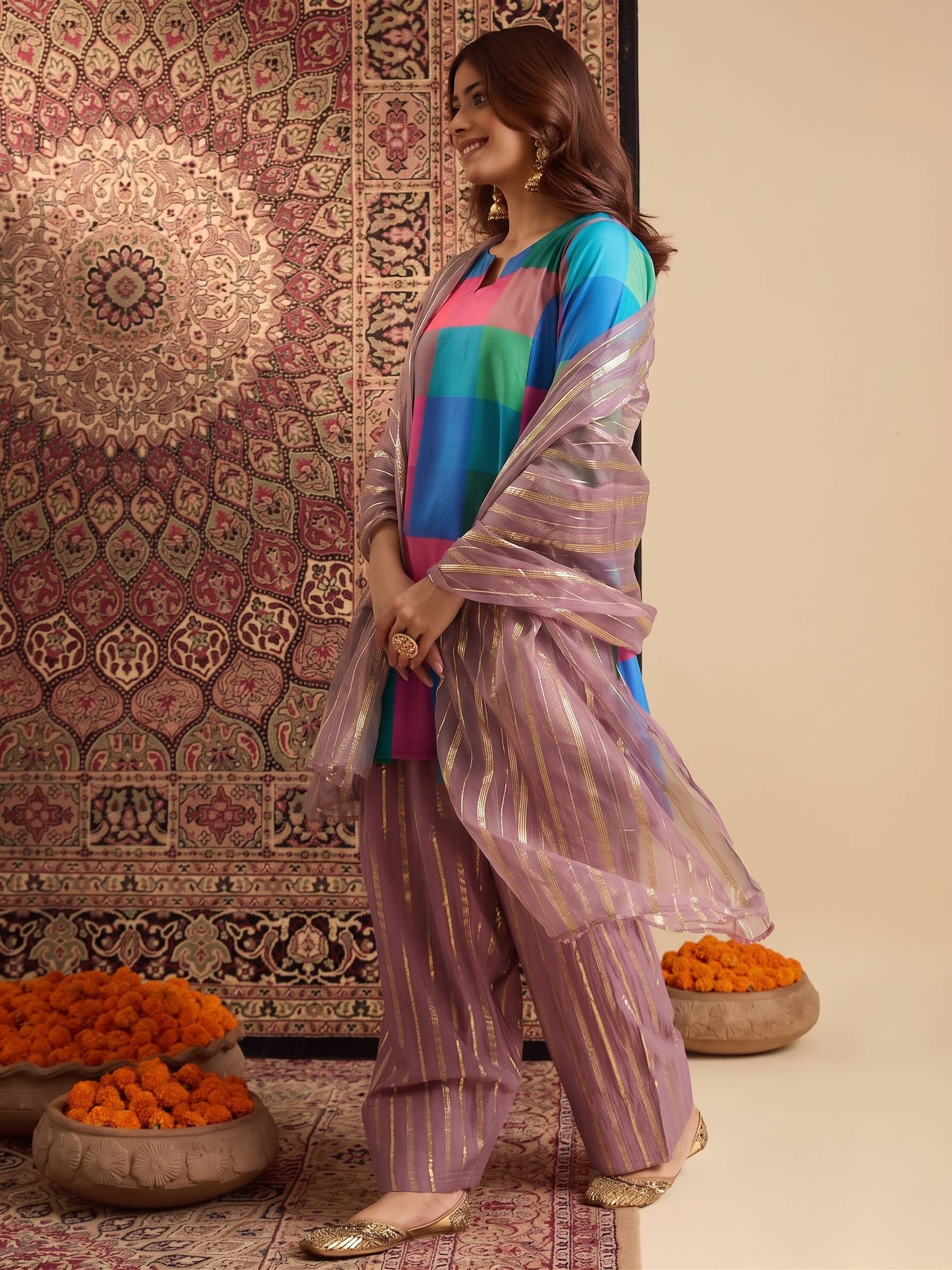 Multi Block Kurta Dull Pink Salwar Dupatta Set