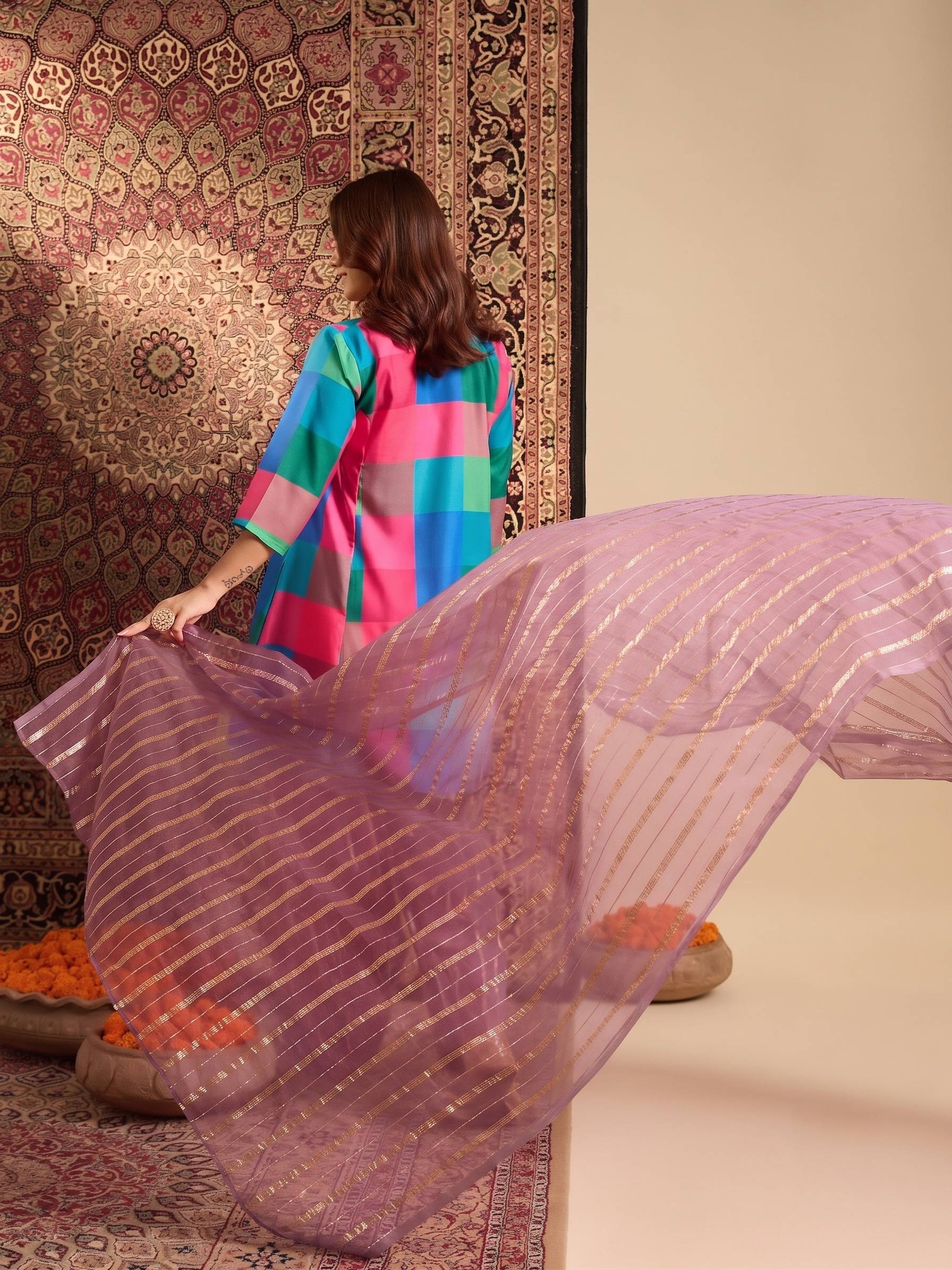 Multi Block Kurta Dull Pink Salwar Dupatta Set