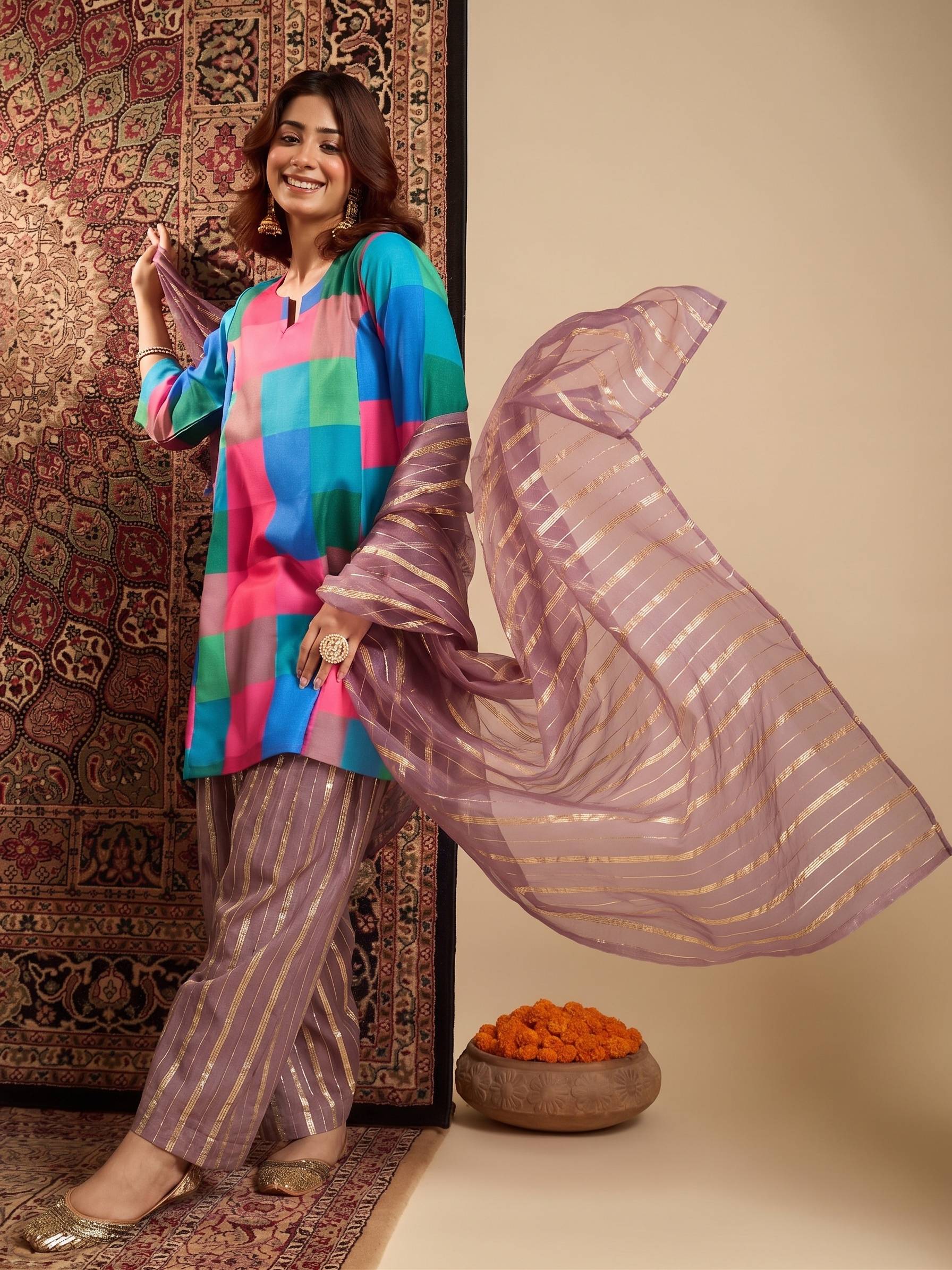 Multi Block Kurta Dull Pink Salwar Dupatta Set
