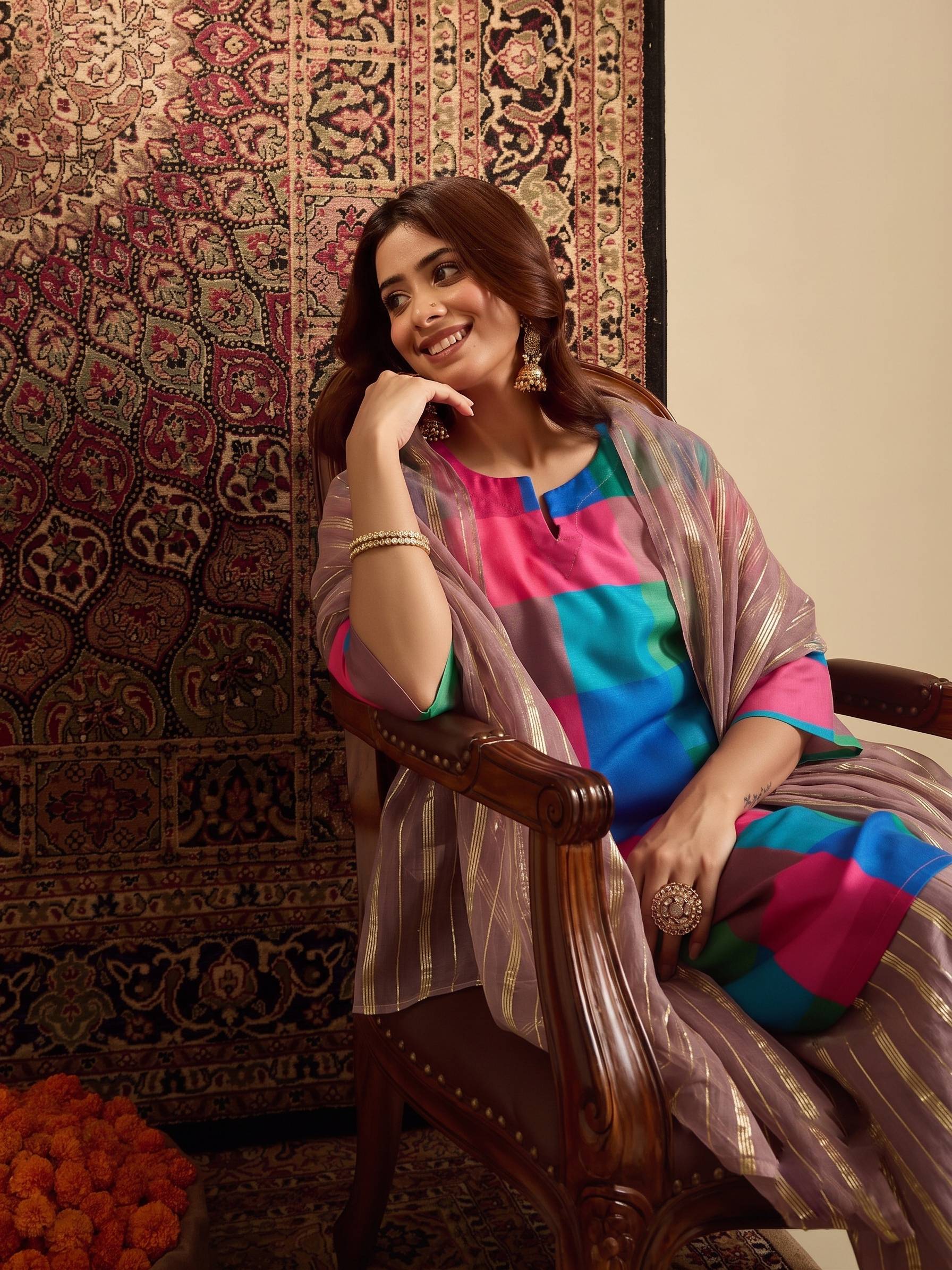 Multi Block Kurta Dull Pink Salwar Dupatta Set
