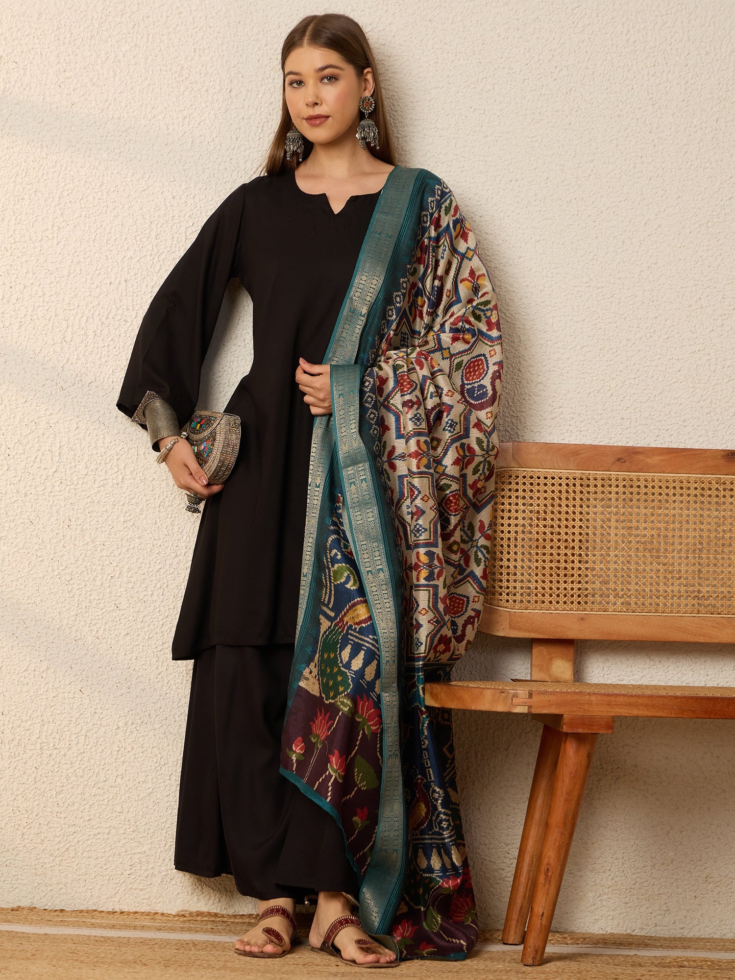 Black Kurta Set Vibrant Peacock Dupatta