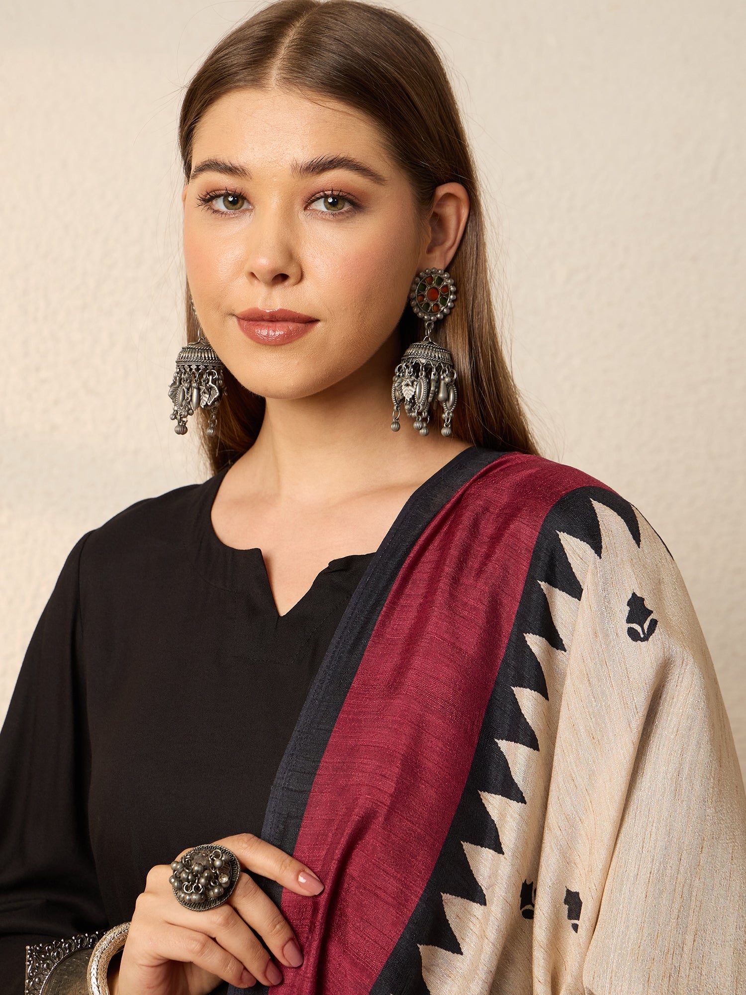 Black Kurta Set Crimson Chevron Dupatta