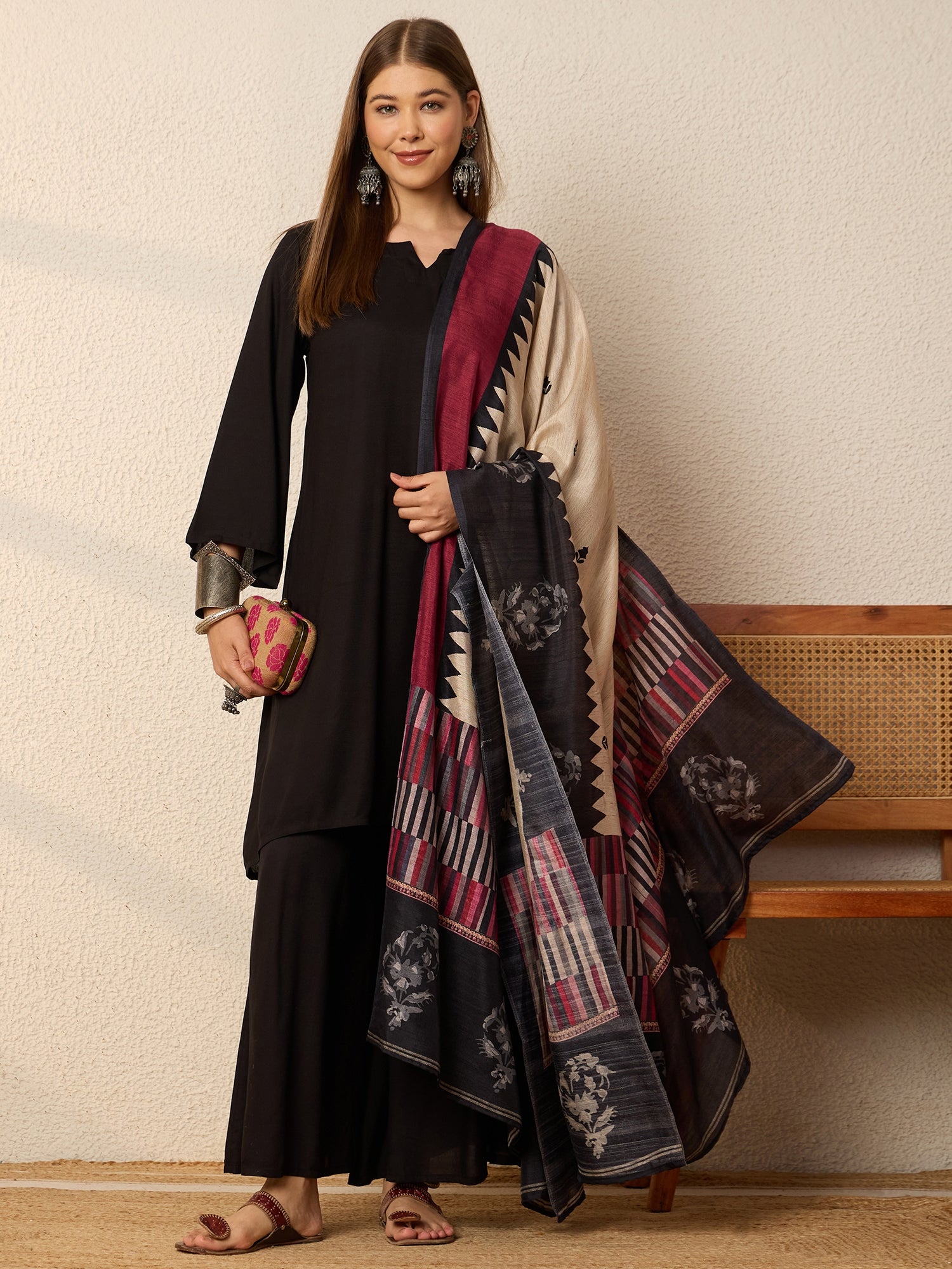Black Kurta Set Crimson Chevron Dupatta