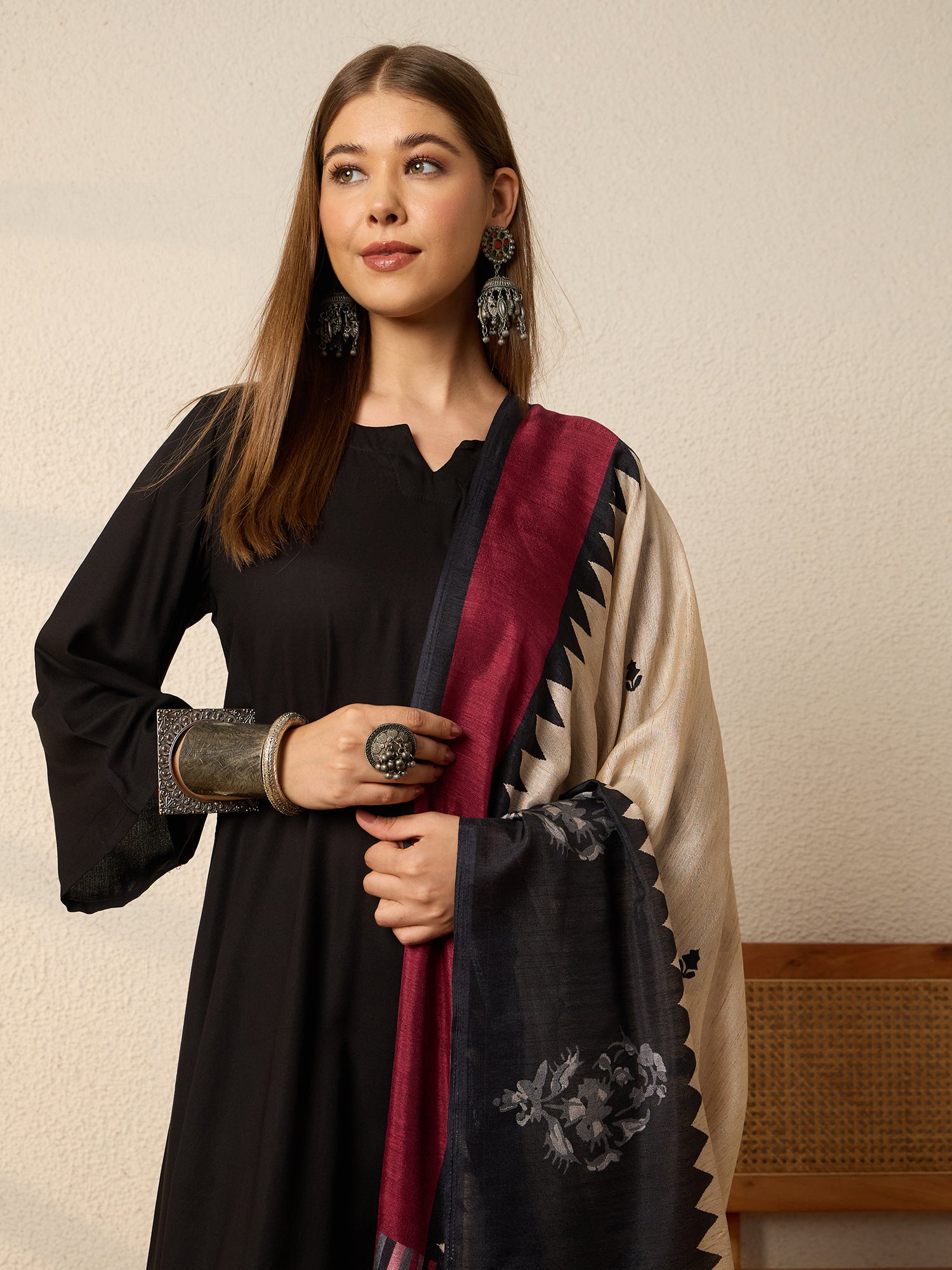 Black Kurta Set Crimson Chevron Dupatta