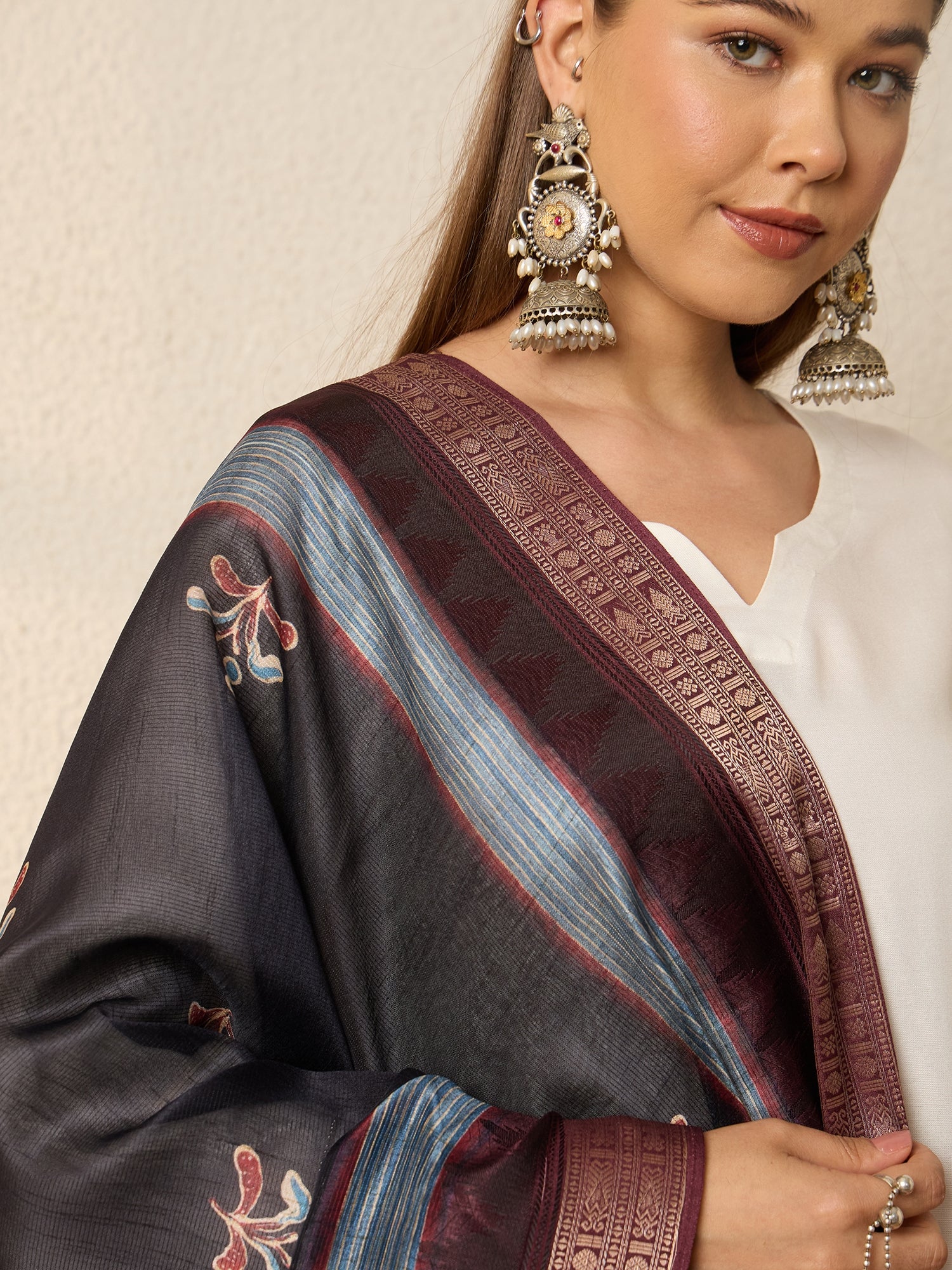 White Kurta Set Dark Mystic Dupatta