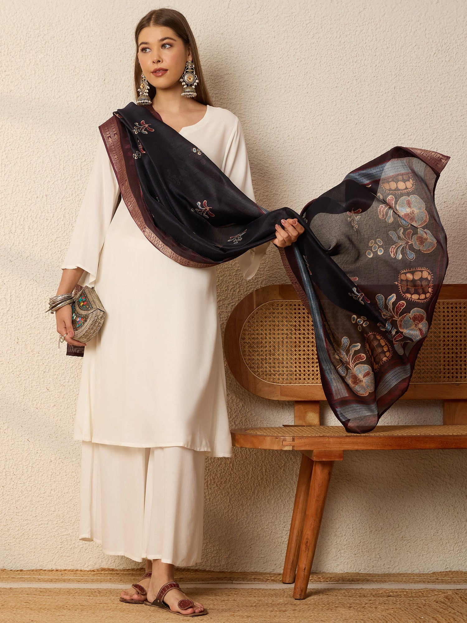 White Kurta Set Dark Mystic Dupatta