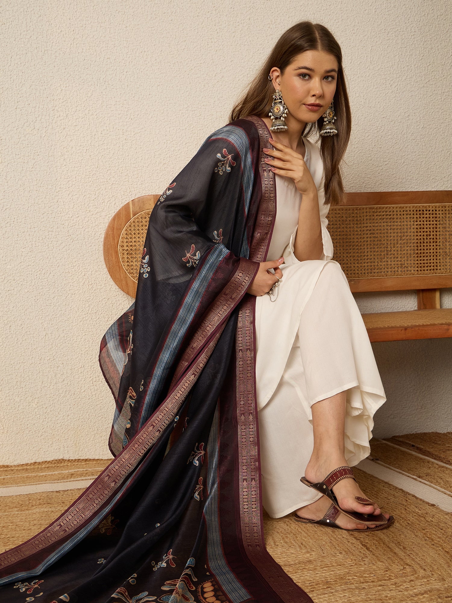 White Kurta Set Dark Mystic Dupatta