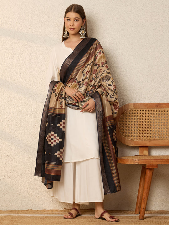 White Kurta Set Earthy Geometric Dupatta