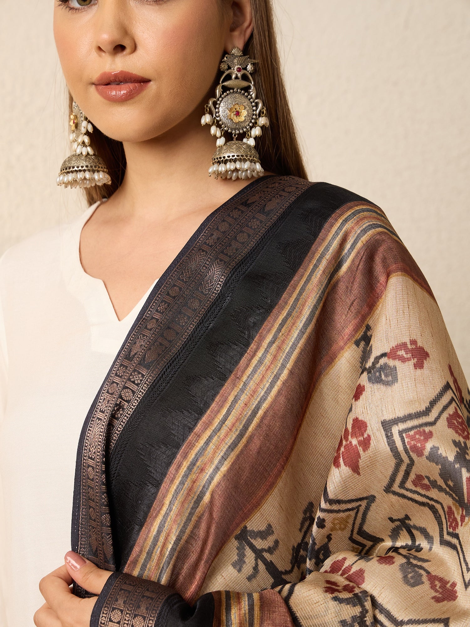 White Kurta Set Earthy Geometric Dupatta