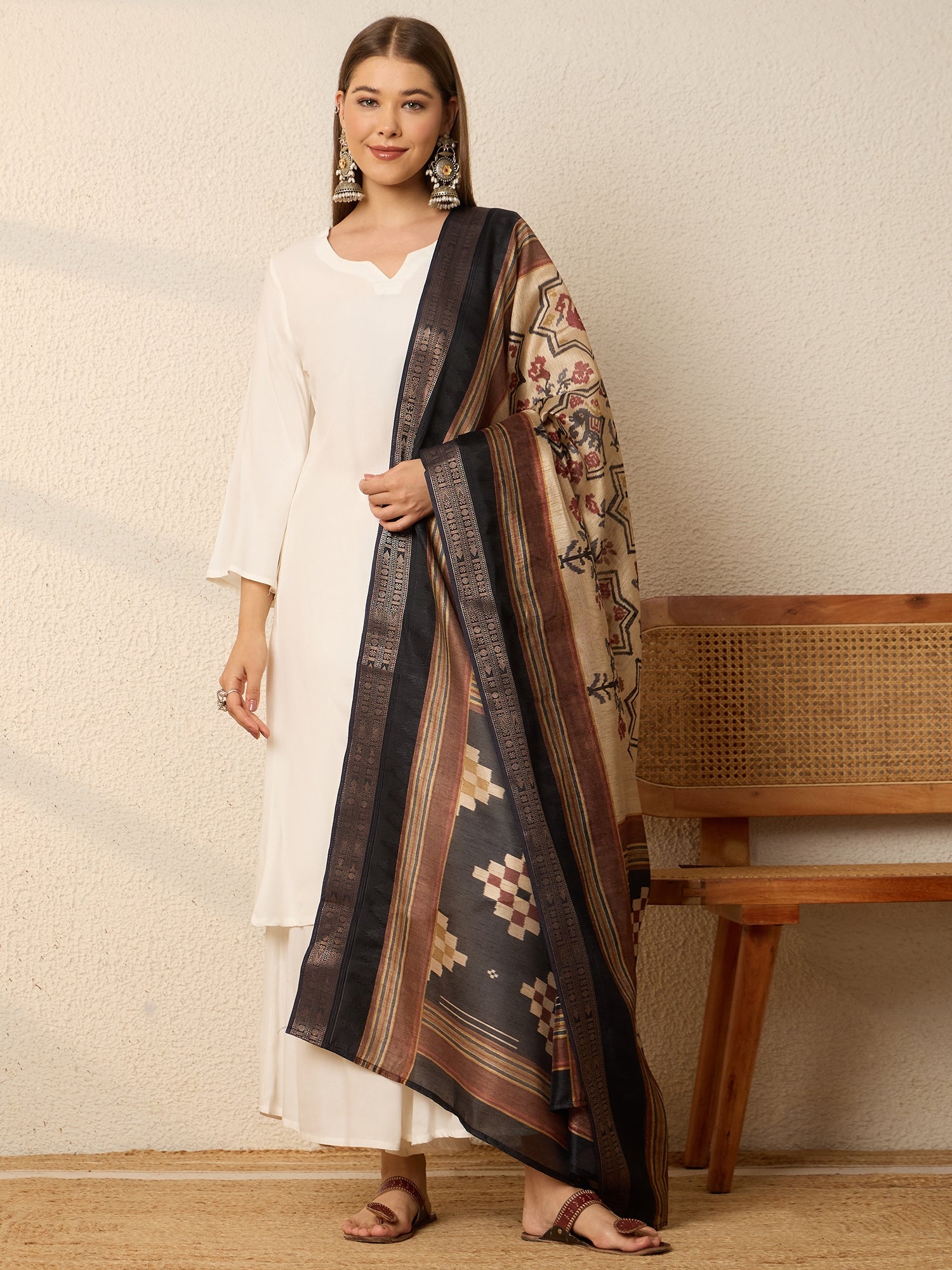 White Kurta Set Earthy Geometric Dupatta