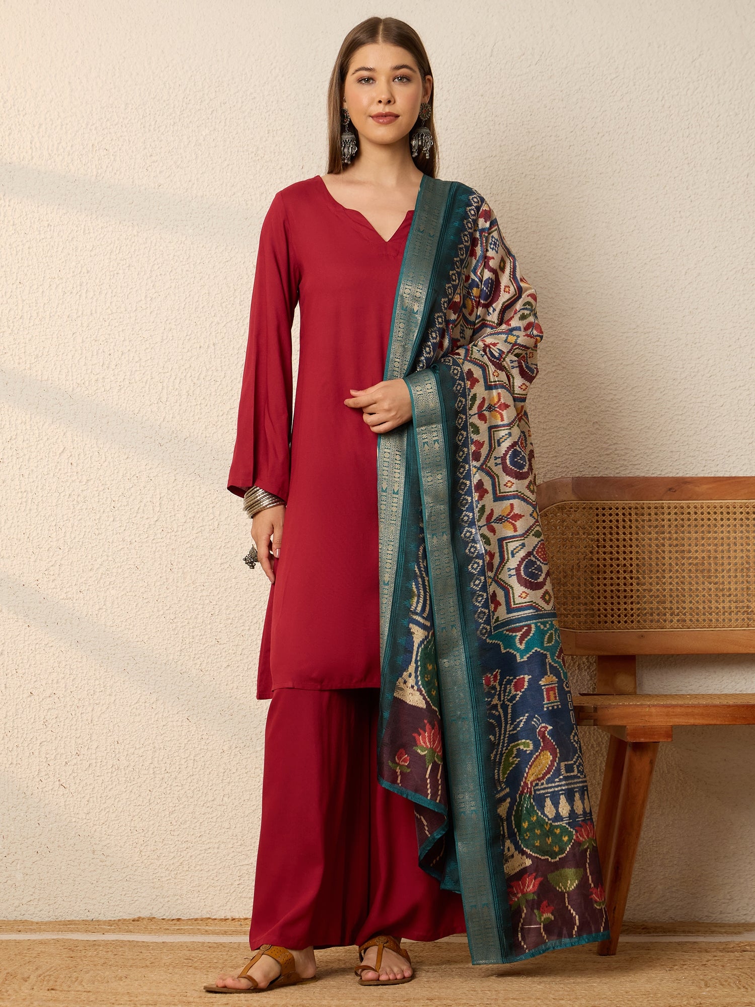 Burgundy Kurta Set Ikat Dupatta