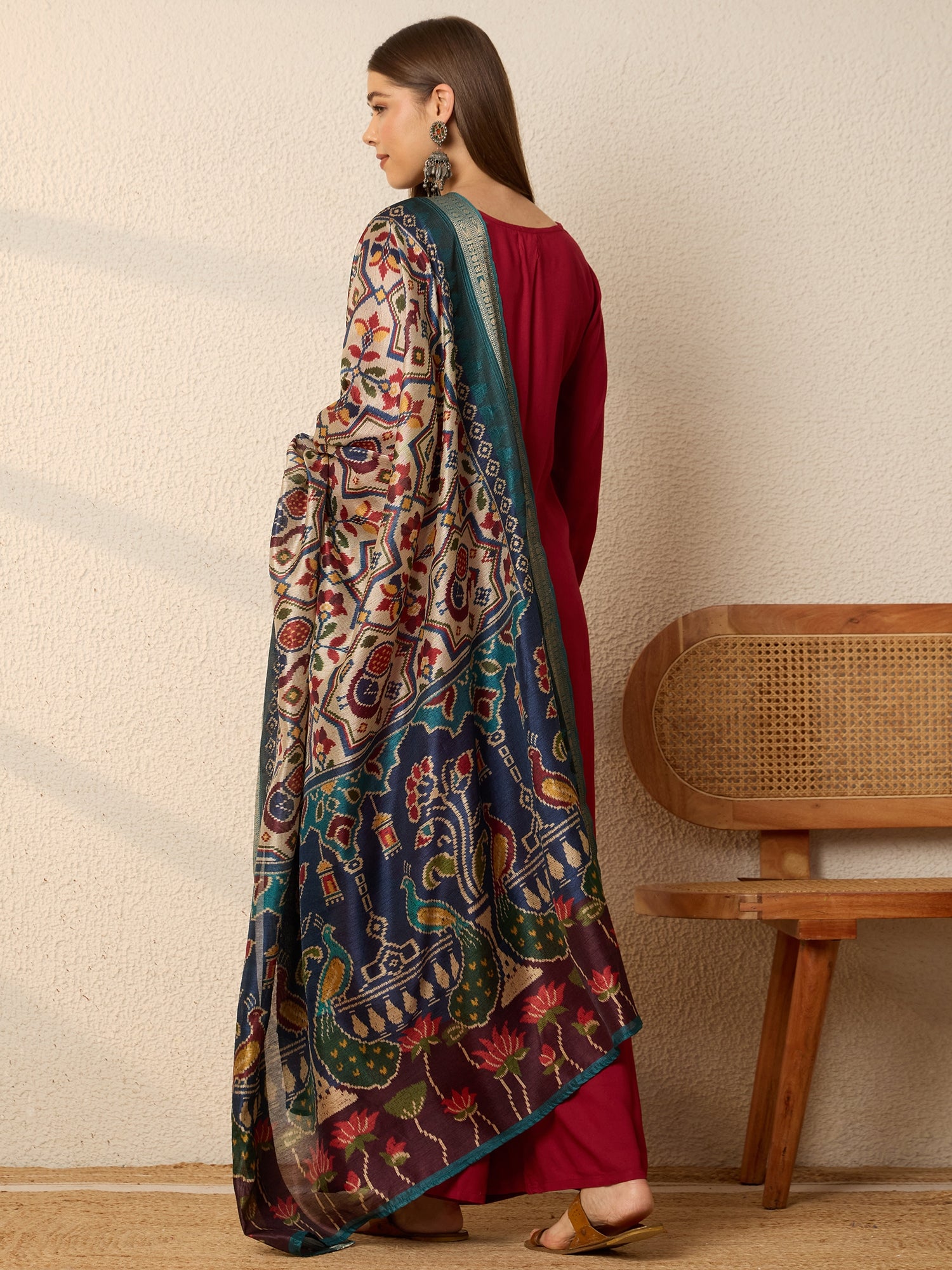Burgundy Kurta Set Ikat Dupatta