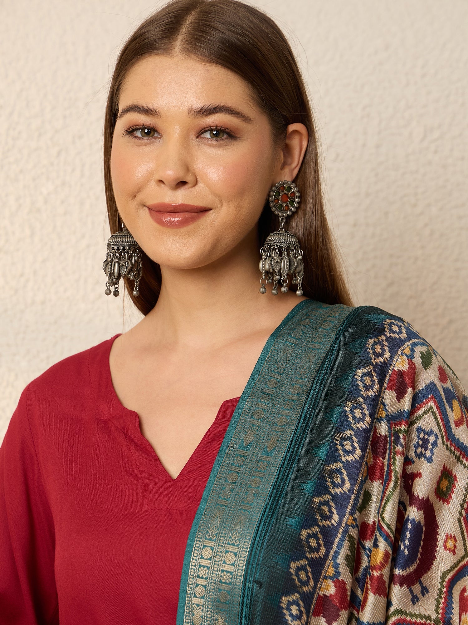 Burgundy Kurta Set Ikat Dupatta
