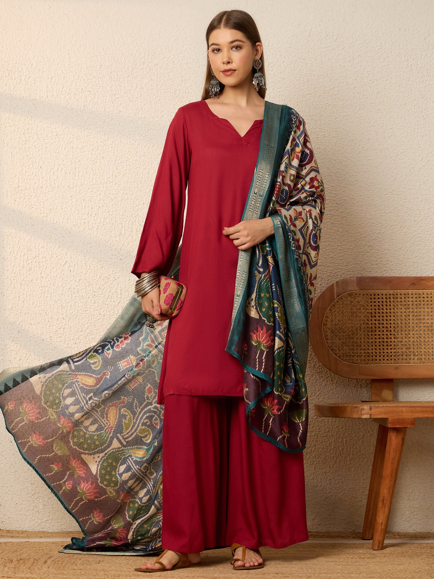 Burgundy Kurta Set Ikat Dupatta