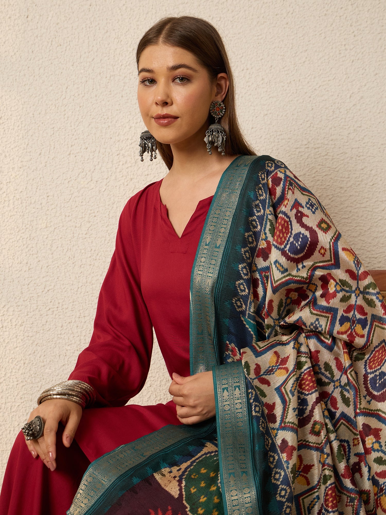 Burgundy Kurta Set Ikat Dupatta