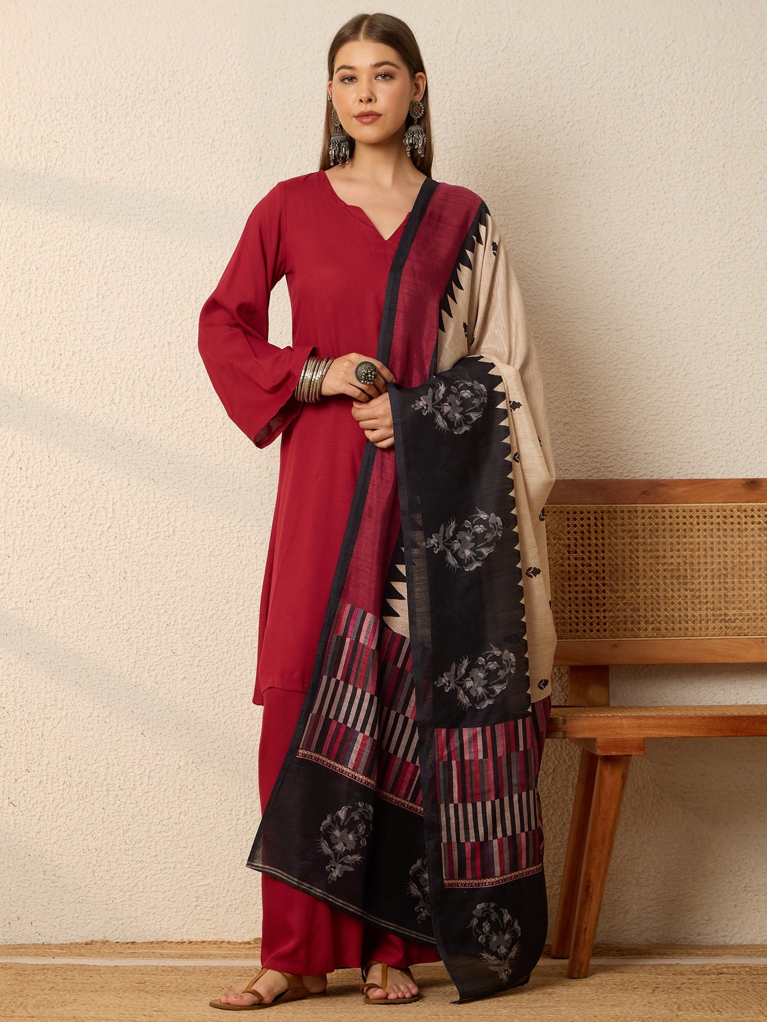 Burgundy Kurta Set Chevron Dupatta