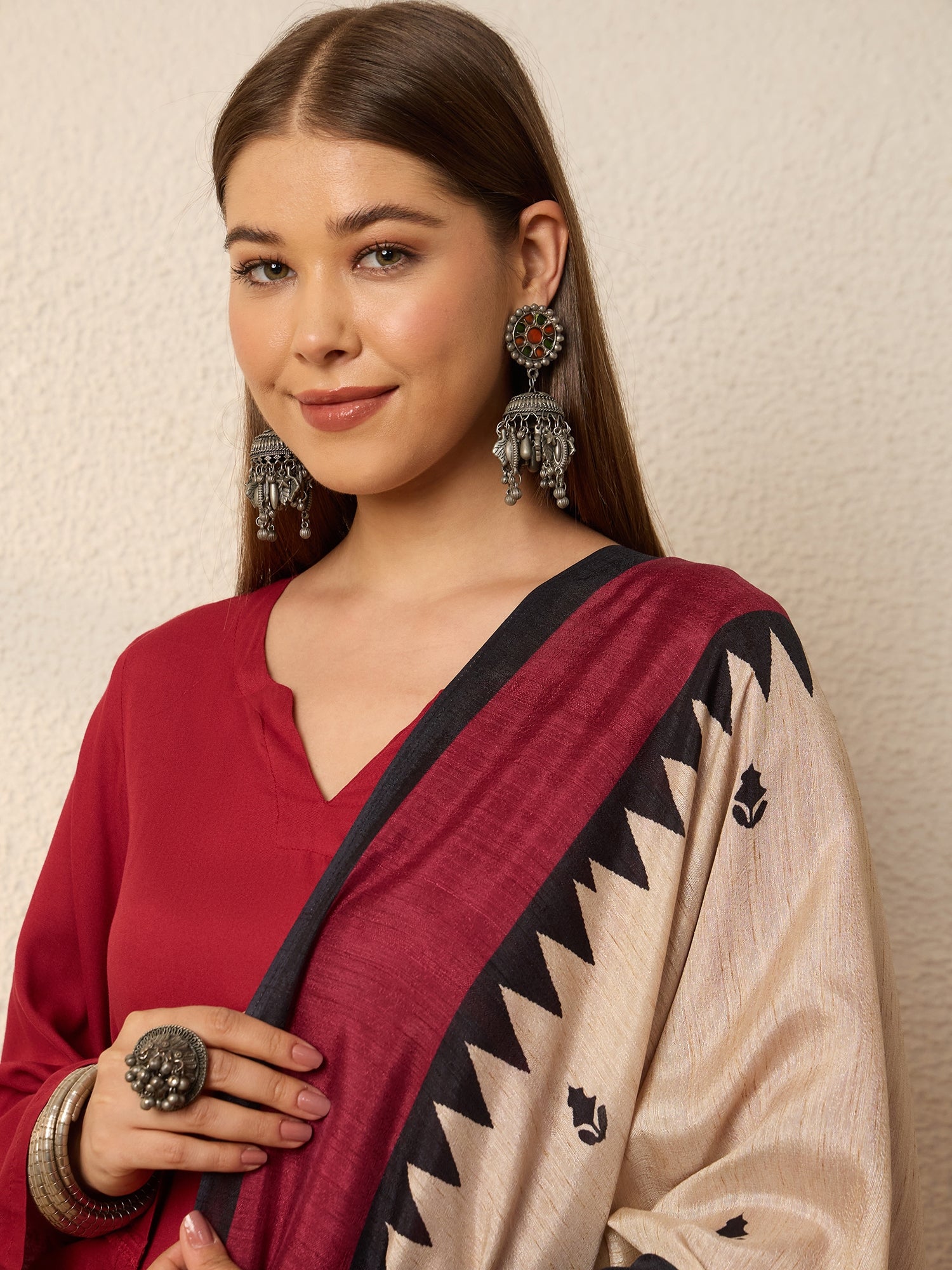 Burgundy Kurta Set Chevron Dupatta