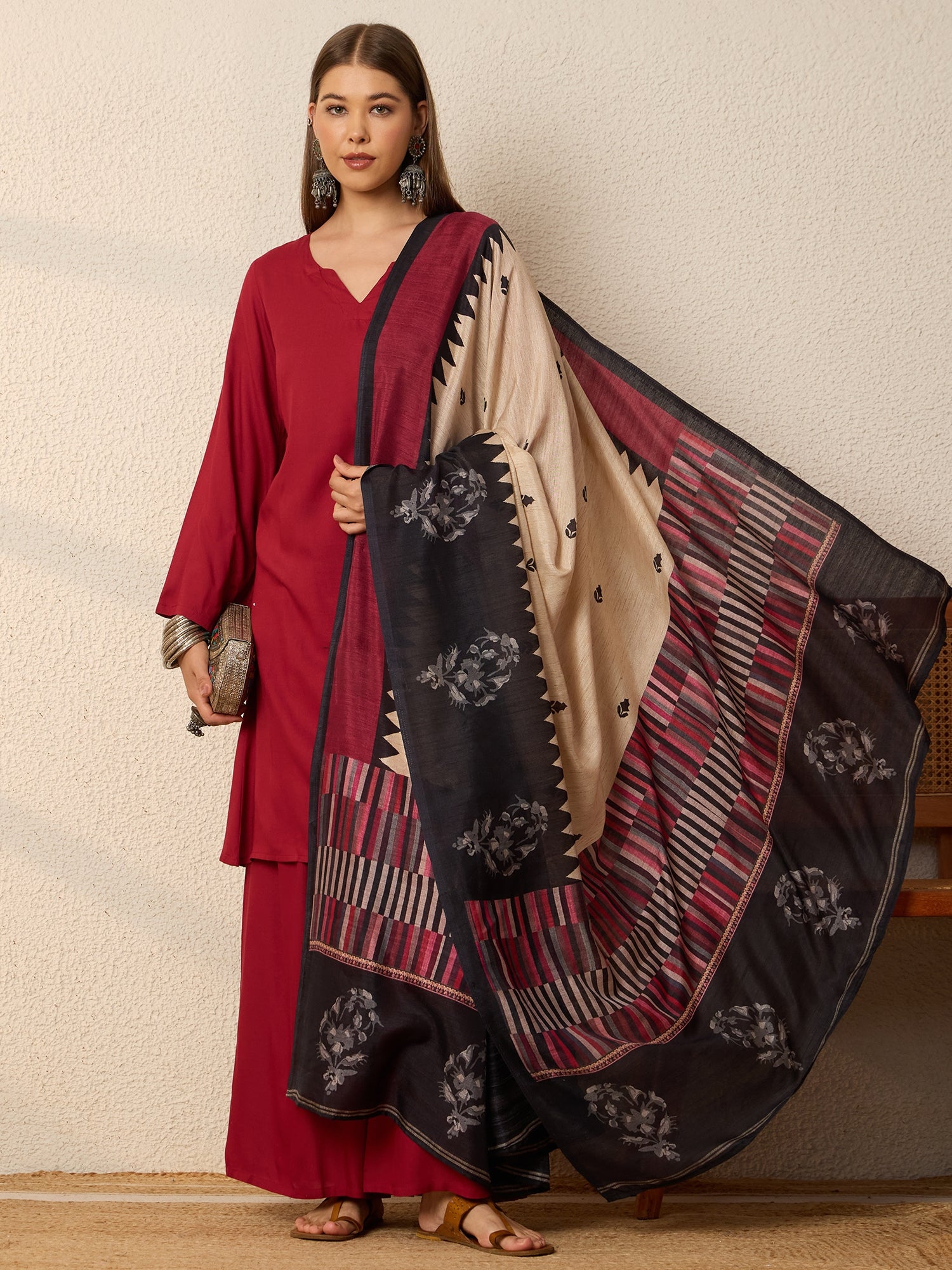Burgundy Kurta Set Chevron Dupatta