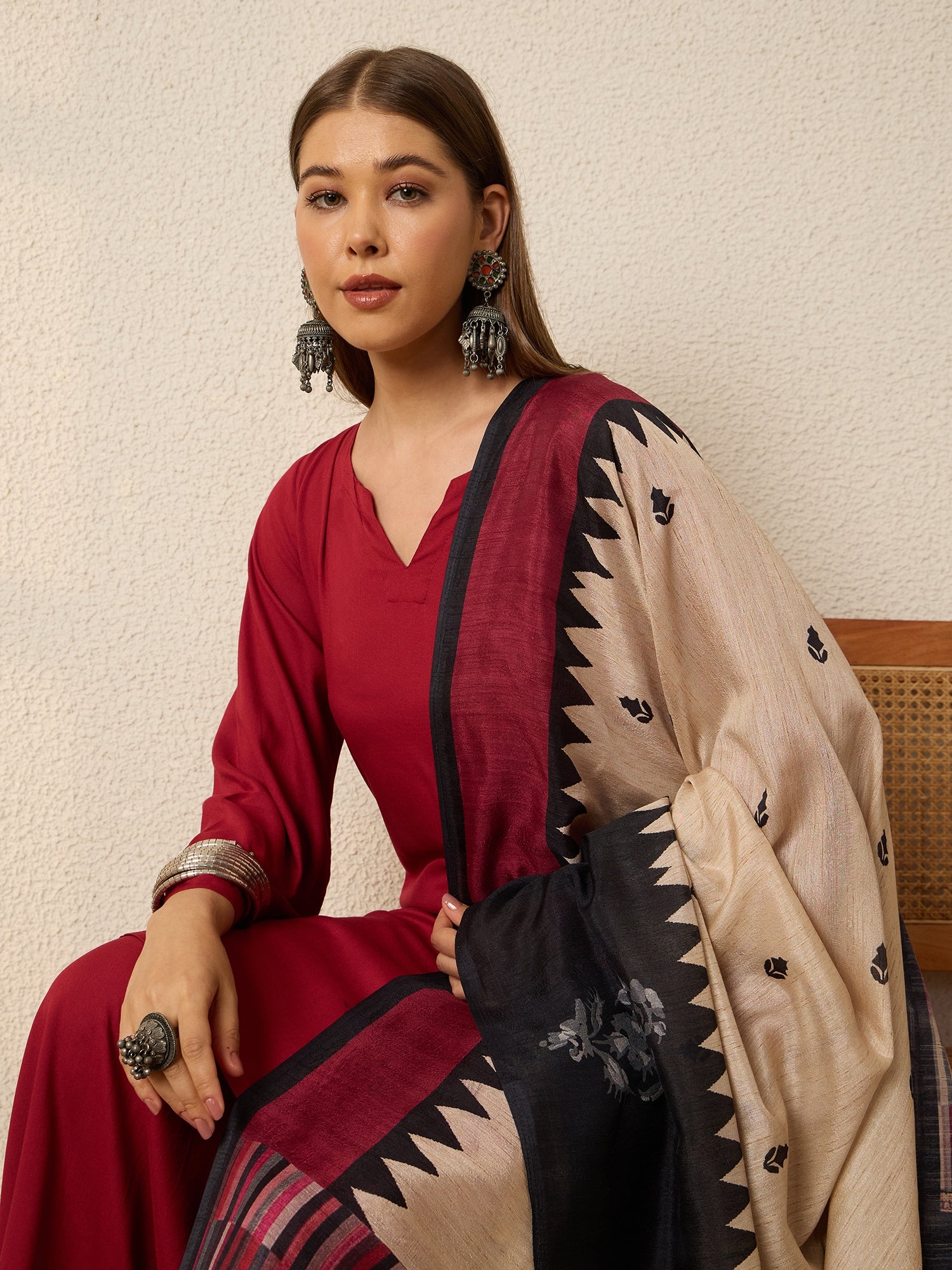 Burgundy Kurta Set Chevron Dupatta