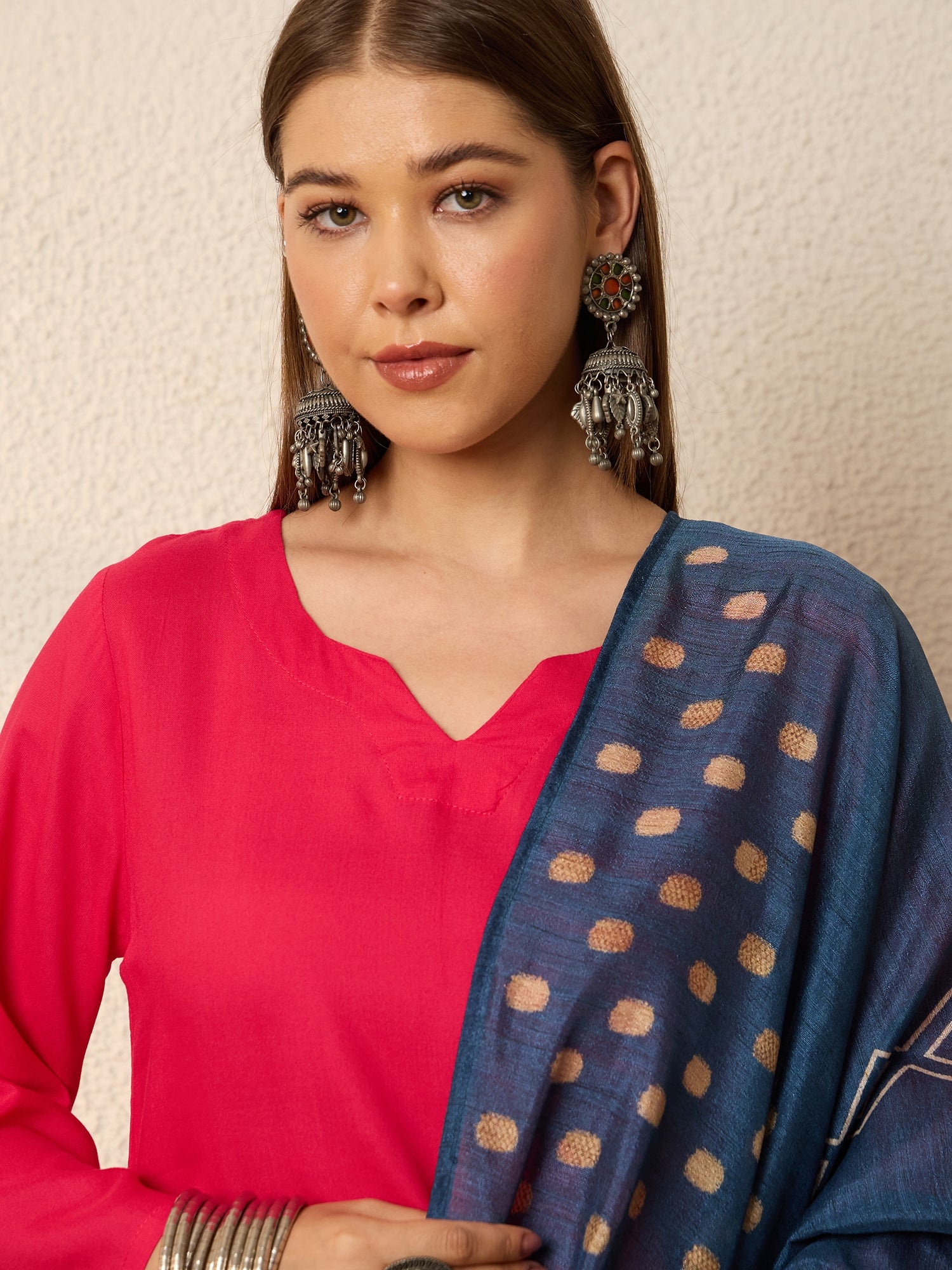 Fuchsia Kurta Set, Blue Dupatta