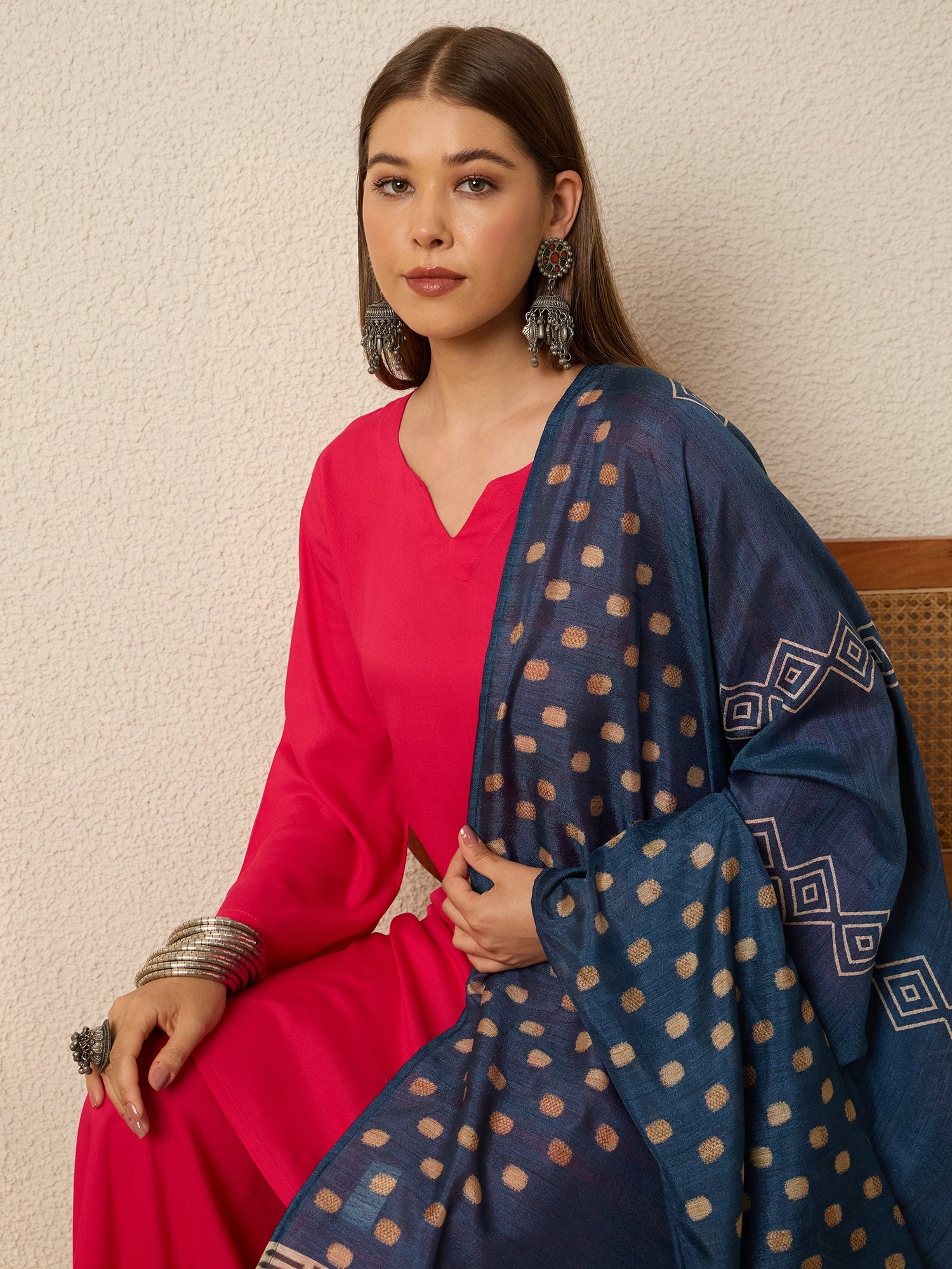 Fuchsia Kurta Set, Blue Dupatta