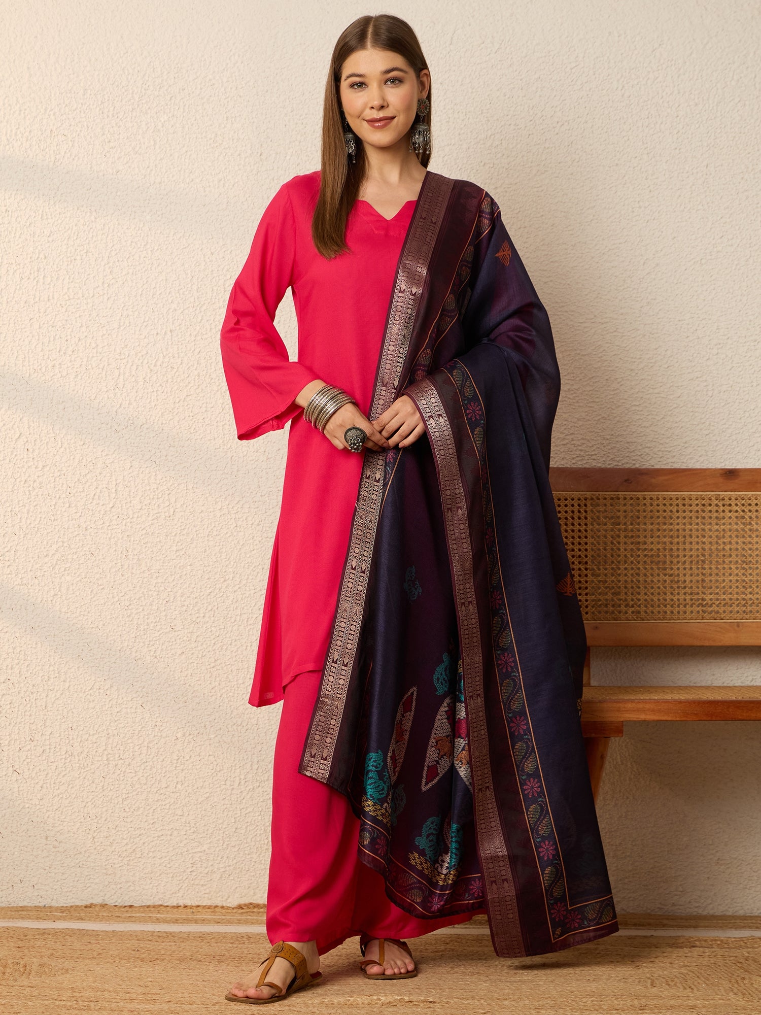 Fuchsia Kurta Set Dark Motif Dupatta