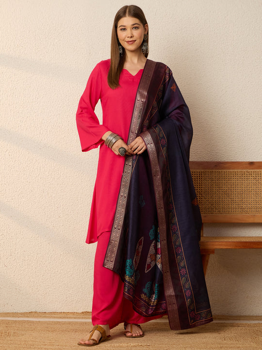 Fuchsia Kurta Set Dark Motif Dupatta