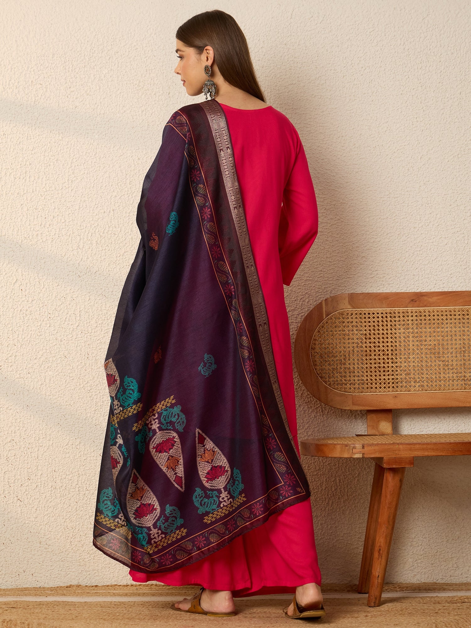 Fuchsia Kurta Set Dark Motif Dupatta