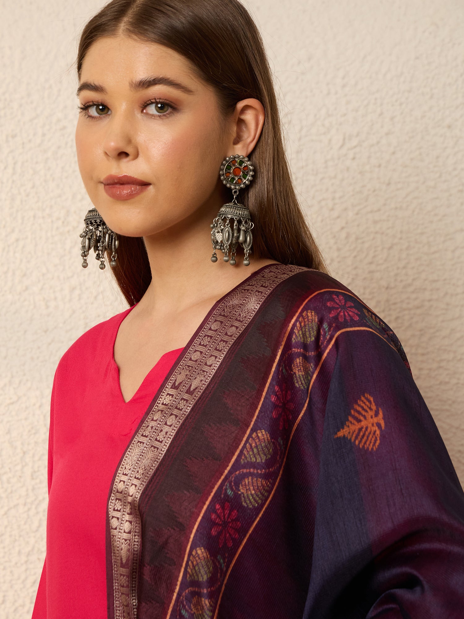 Fuchsia Kurta Set Dark Motif Dupatta