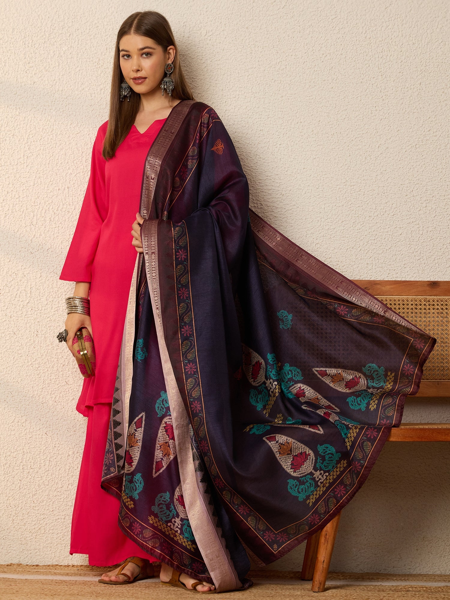 Fuchsia Kurta Set Dark Motif Dupatta