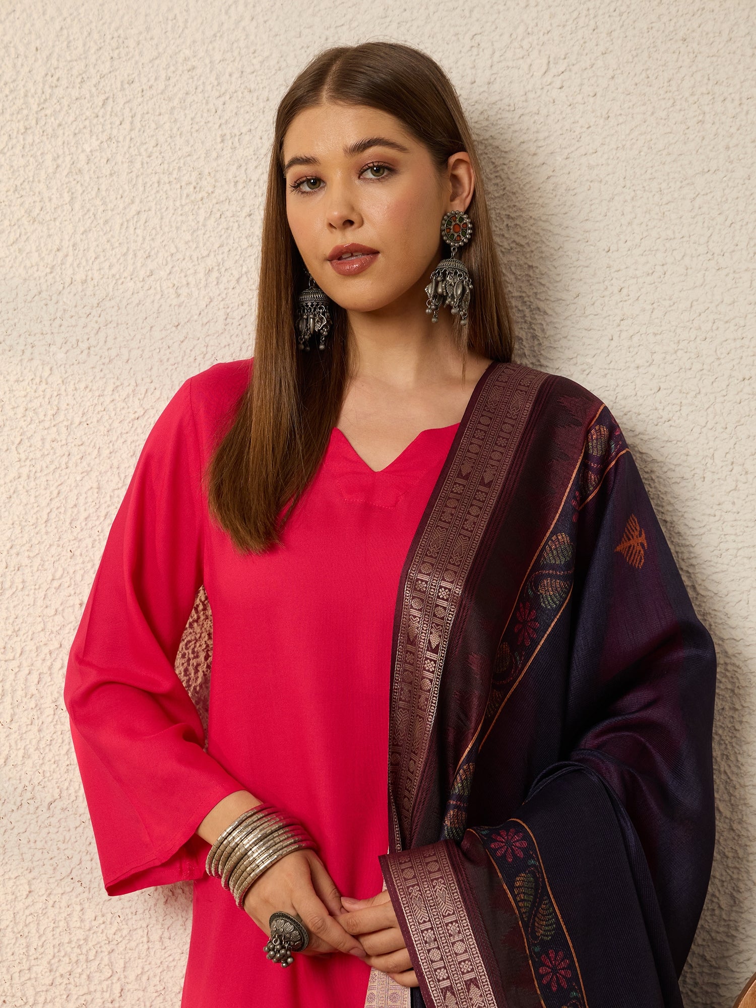 Fuchsia Kurta Set Dark Motif Dupatta