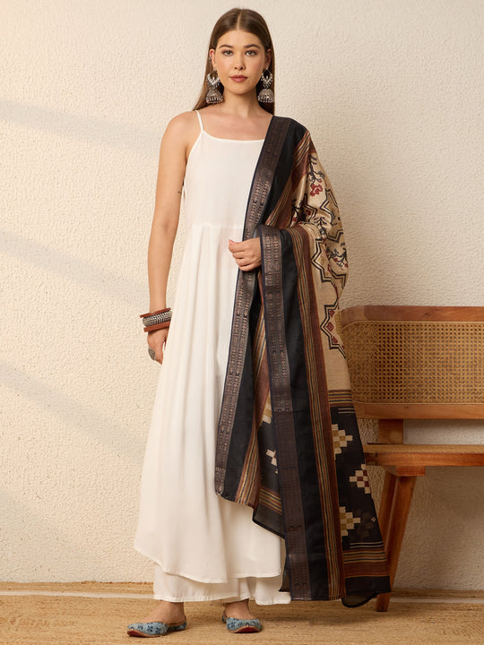 White Kurta Set Earthy Geometric Dupatta