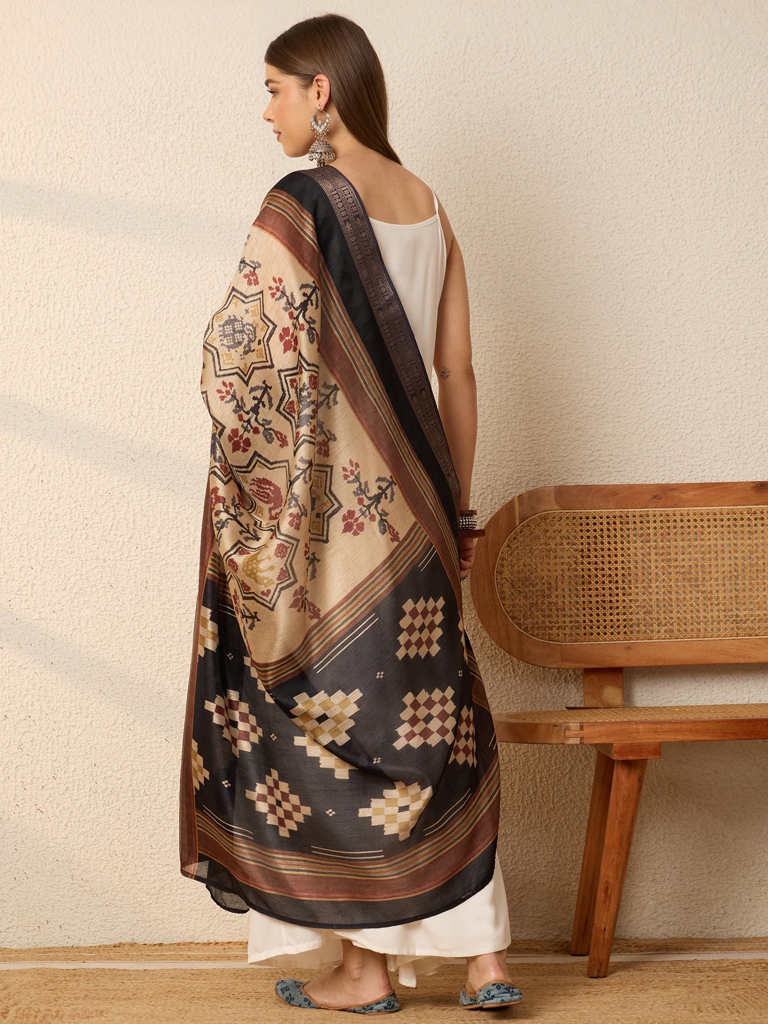 White Kurta Set Earthy Geometric Dupatta