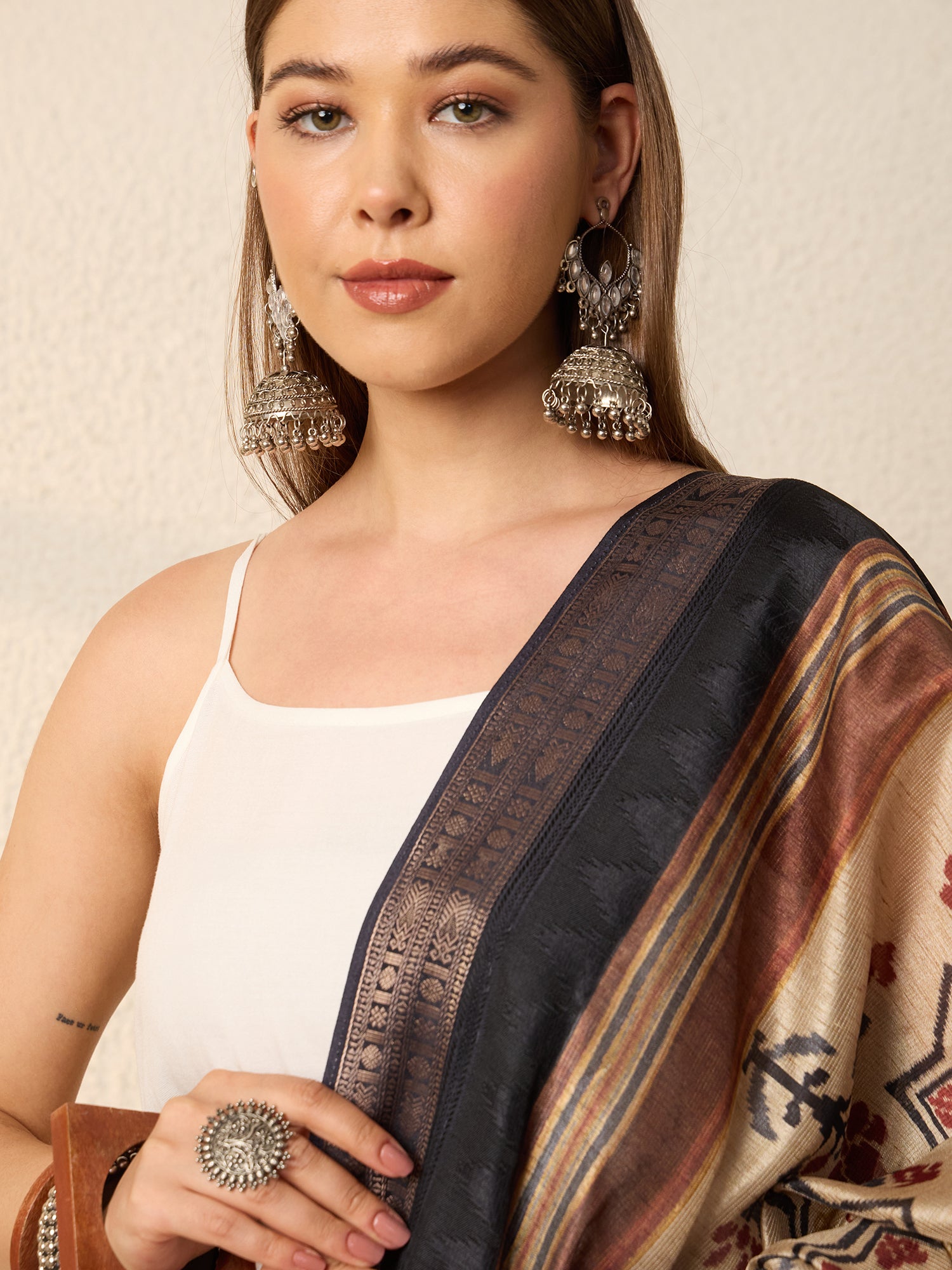 White Kurta Set Earthy Geometric Dupatta