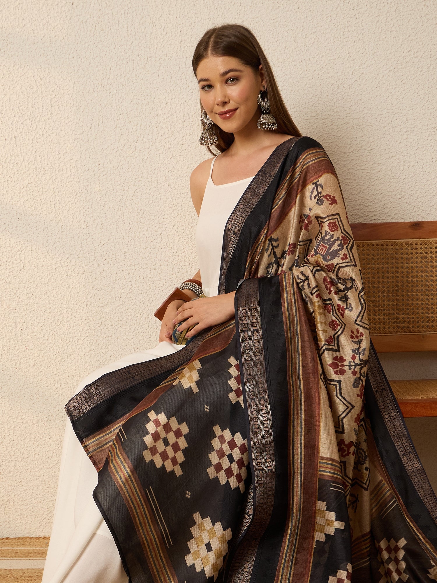 White Kurta Set Earthy Geometric Dupatta