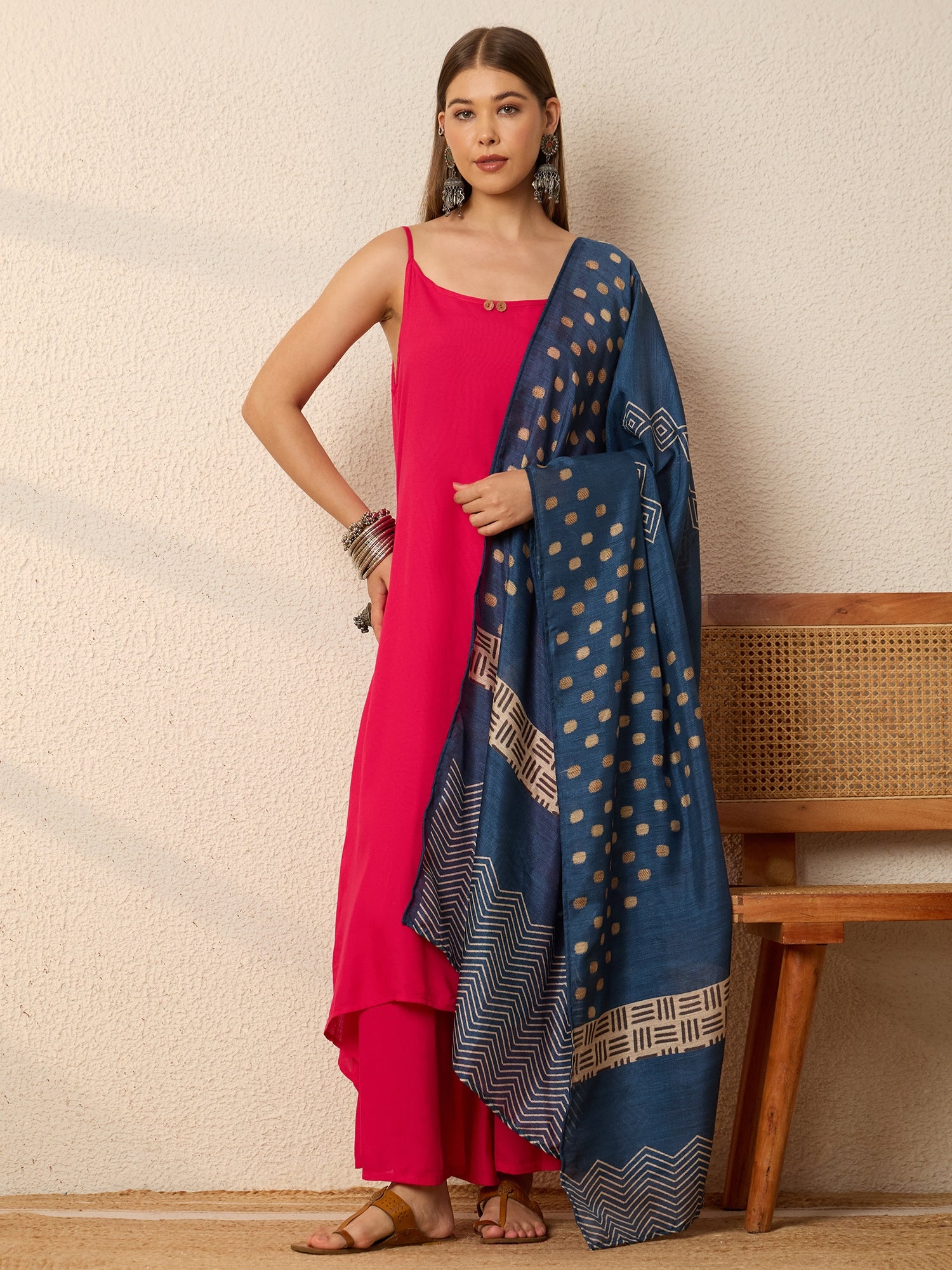 Fuchsia Strappy Kurta Set Blue Dupatta