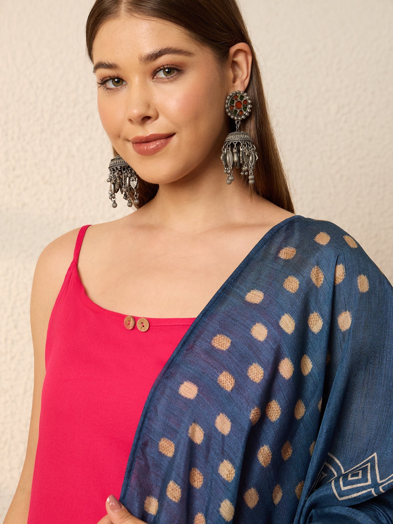 Fuchsia Strappy Kurta Set Blue Dupatta