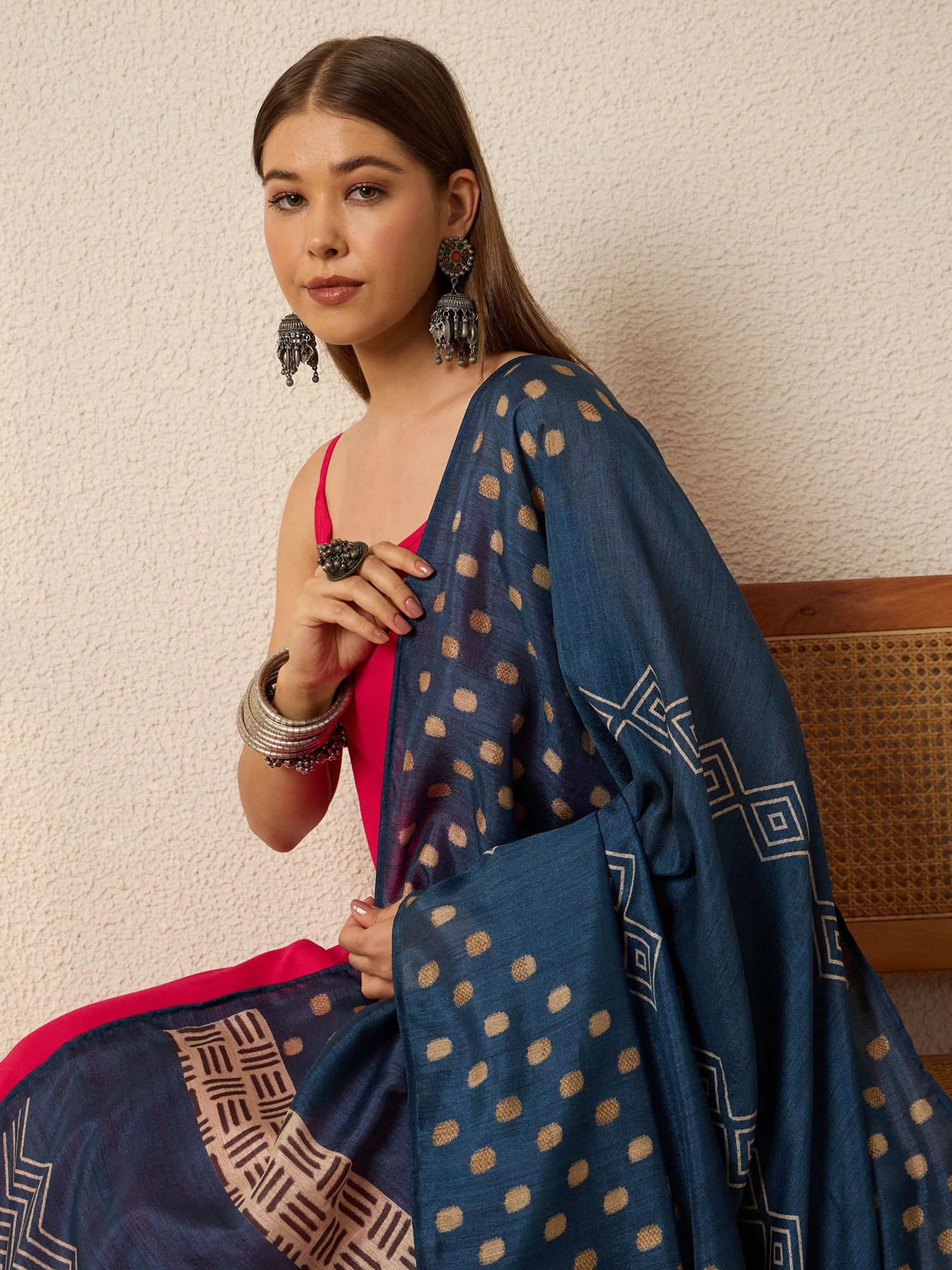 Fuchsia Strappy Kurta Set Blue Dupatta