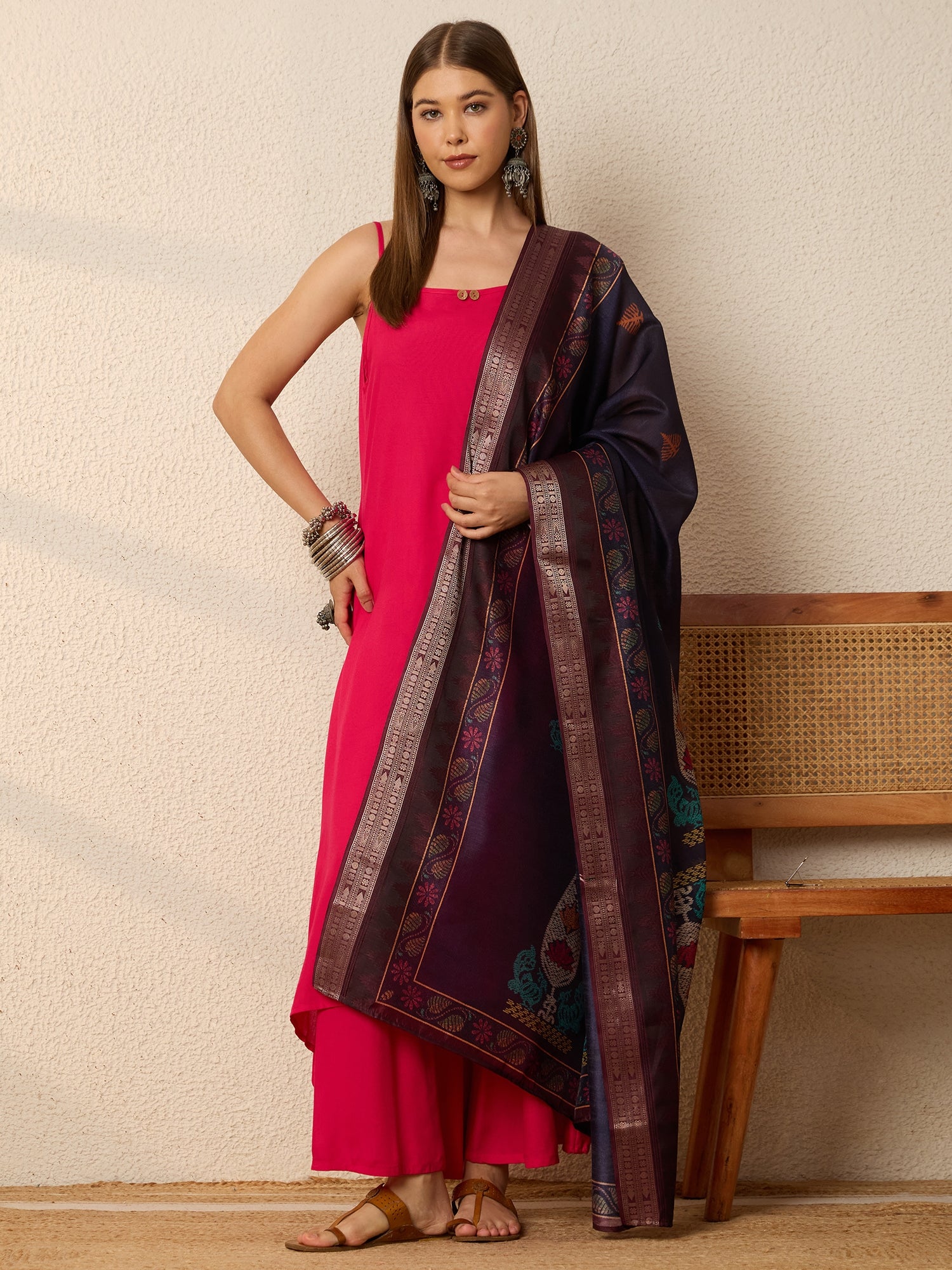 Fuchsia Strappy Kurta Set Dark Dupatta