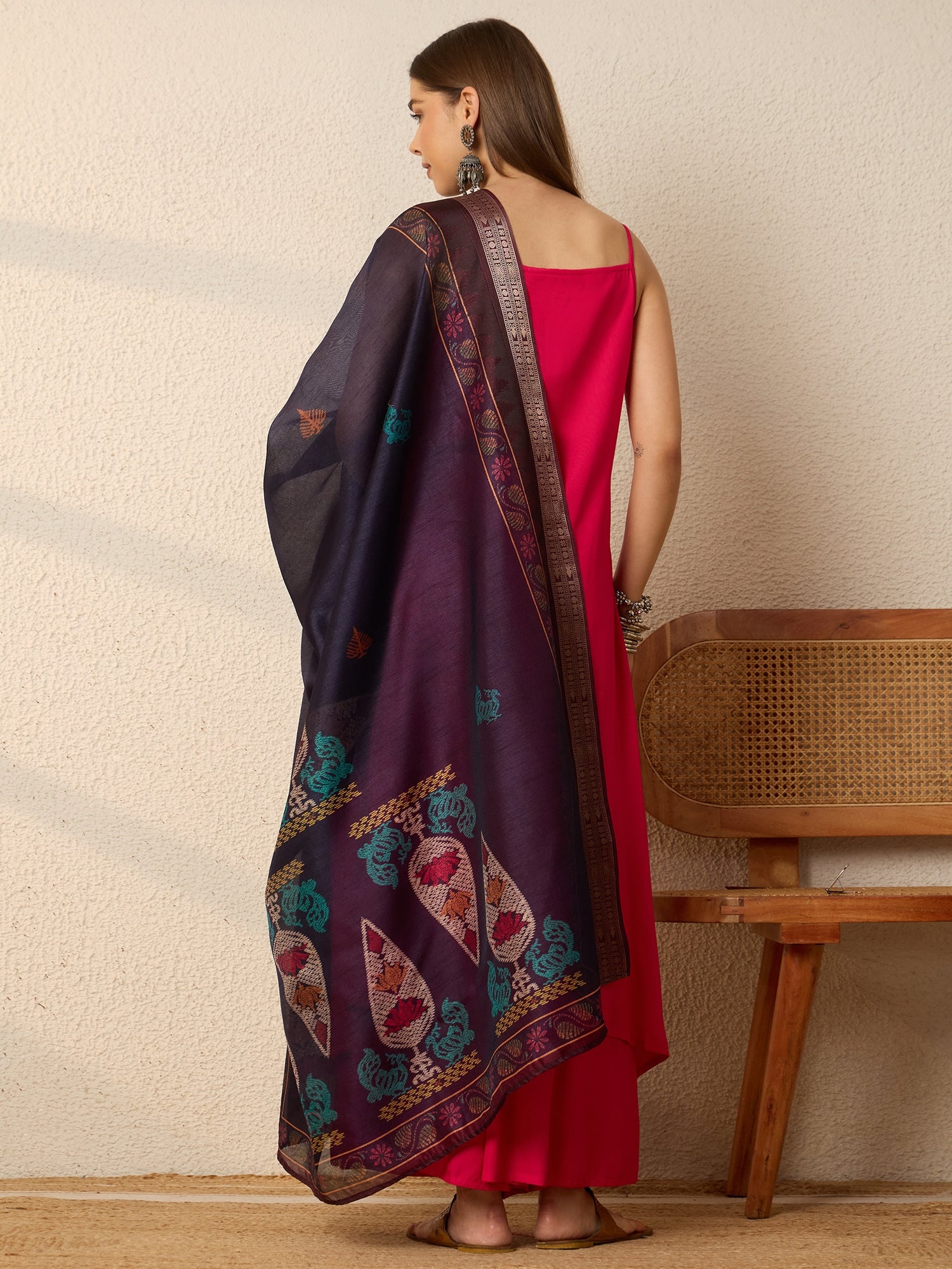 Fuchsia Strappy Kurta Set Dark Dupatta