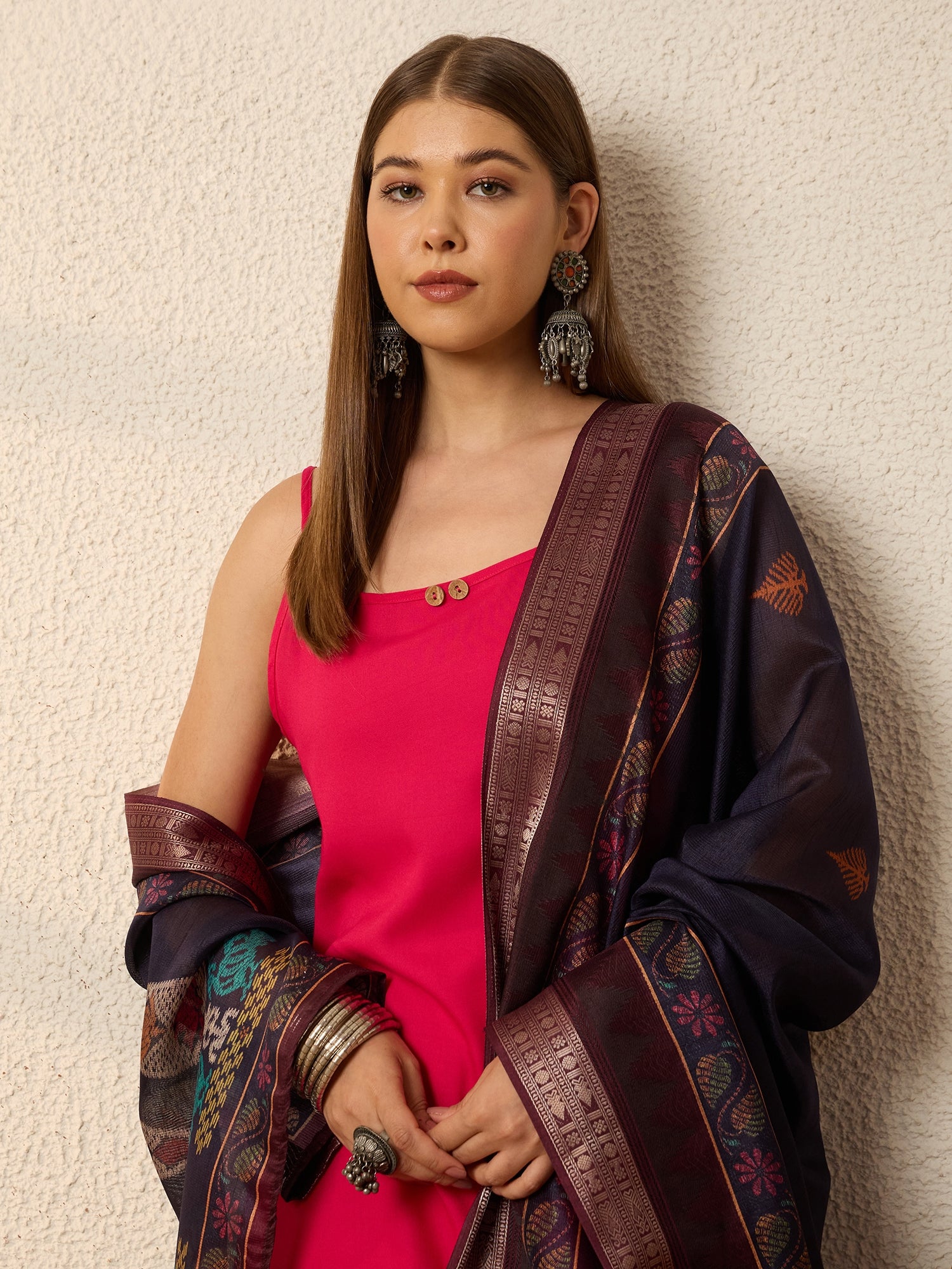 Fuchsia Strappy Kurta Set Dark Dupatta