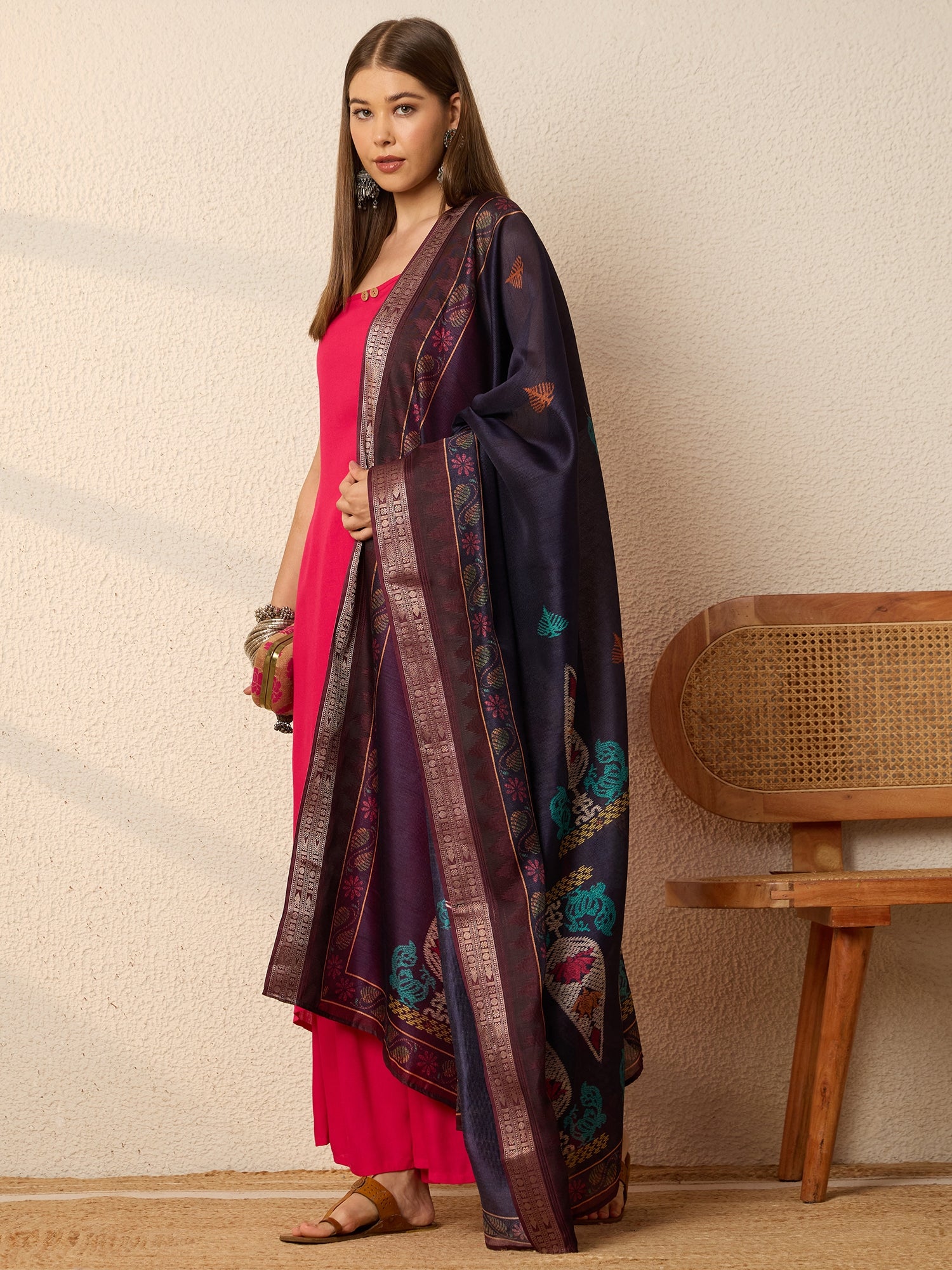 Fuchsia Strappy Kurta Set Dark Dupatta