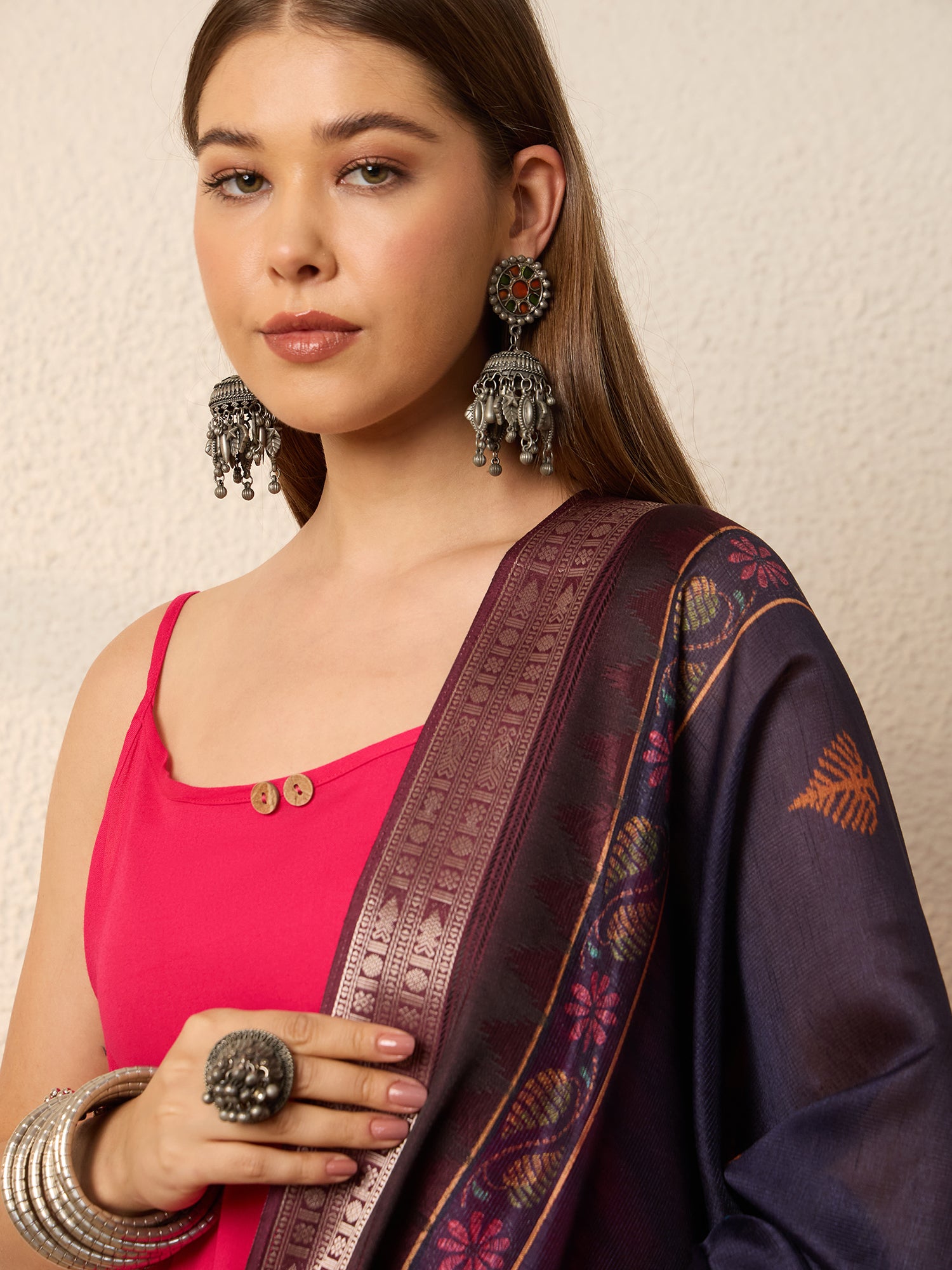 Fuchsia Strappy Kurta Set Dark Dupatta
