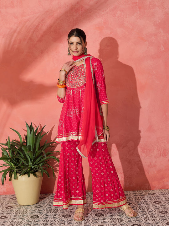 RED GOTA MIRROR SHARARA SET