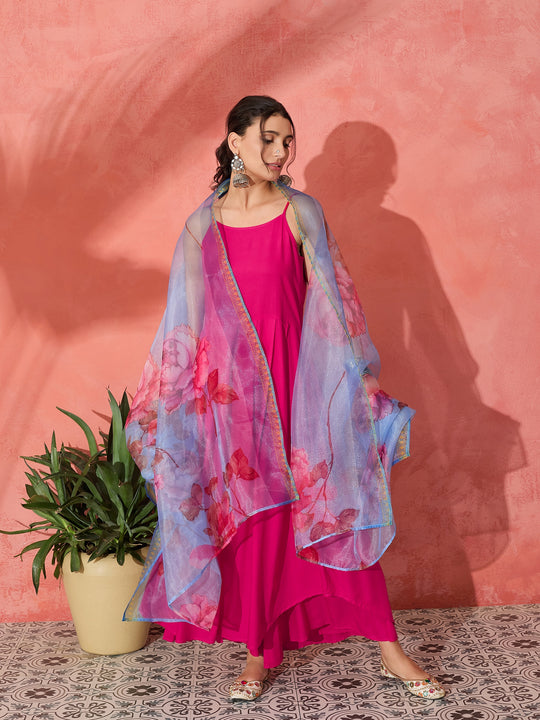 Fuschia Strappy Set  With Blue Fuschia Organza Dupatta