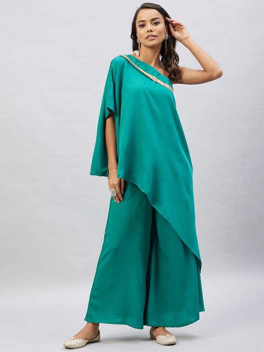 Teal One Shoulder Kurta Set With Gota Work